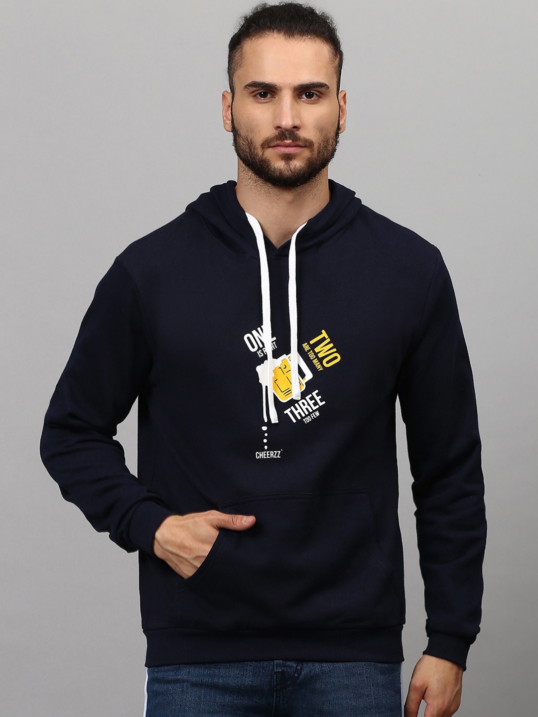 

Campus Sutra Men Navy Blue Printed Hooded Sweatshirt