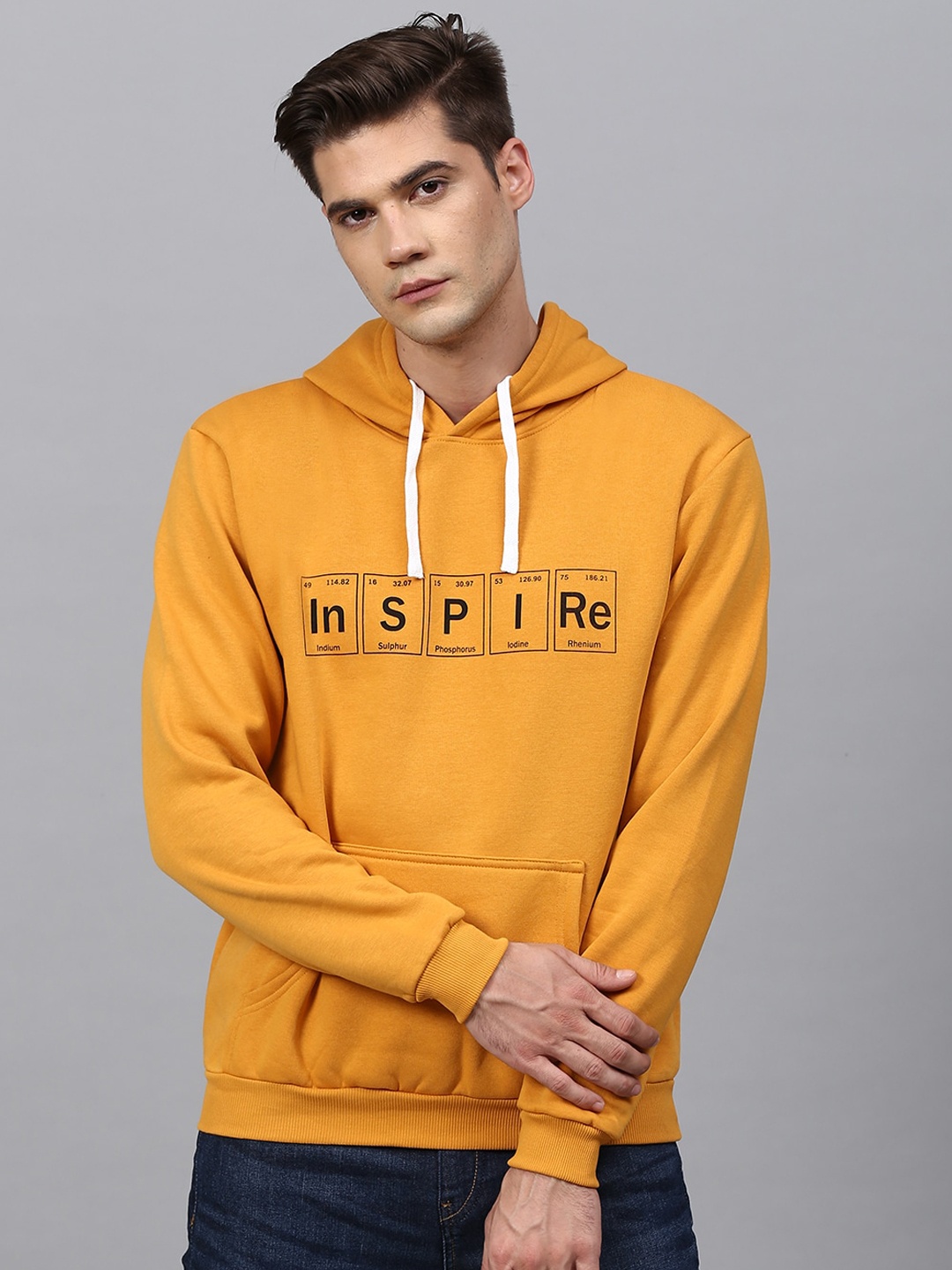 

Campus Sutra Men Mustard Printed Hooded Sweatshirt