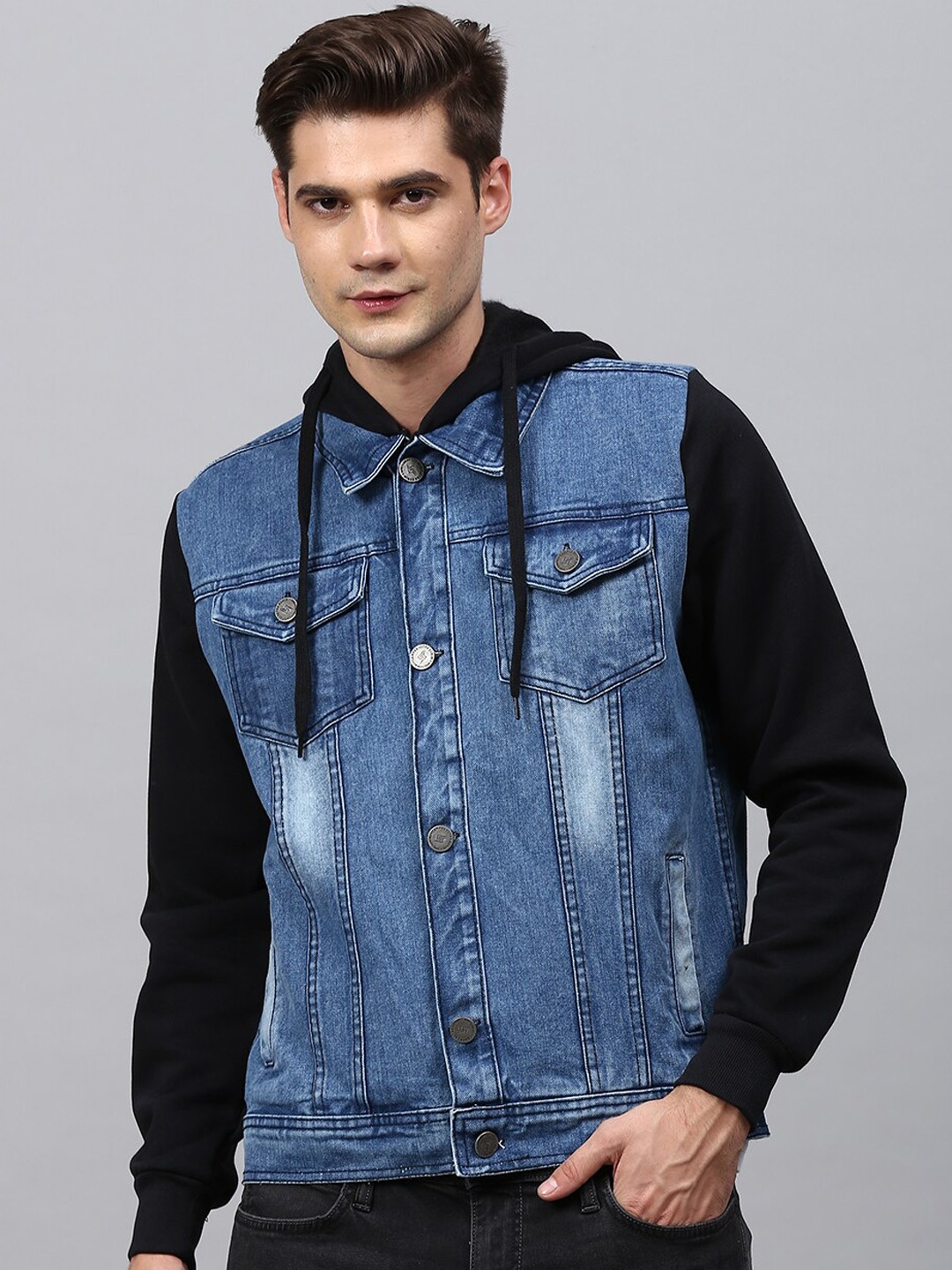 

Campus Sutra Men Blue & Black Washed Colourblocked Windcheater Denim Jacket