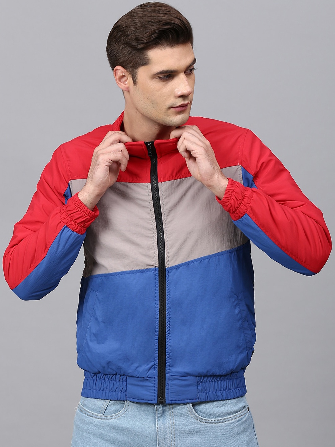 

Campus Sutra Men Multicoloured Colourblocked Windcheater Outdoor Bomber with Patchwork Jacket, Multi