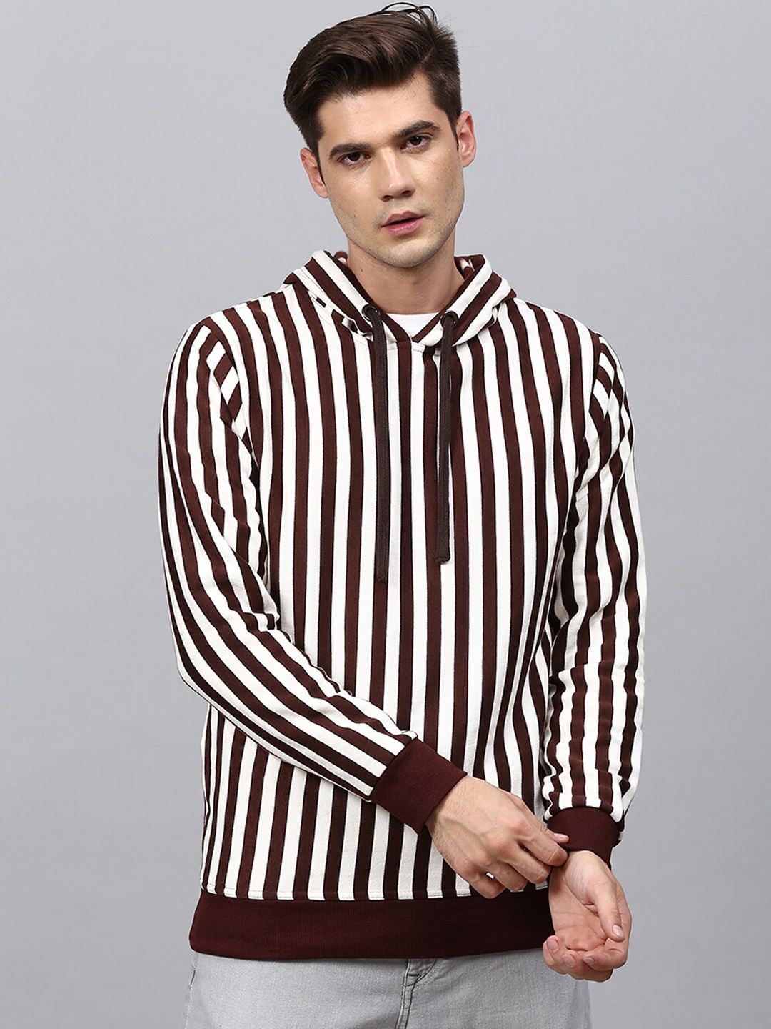 

Campus Sutra Men Brown Striped Hooded Sweatshirt