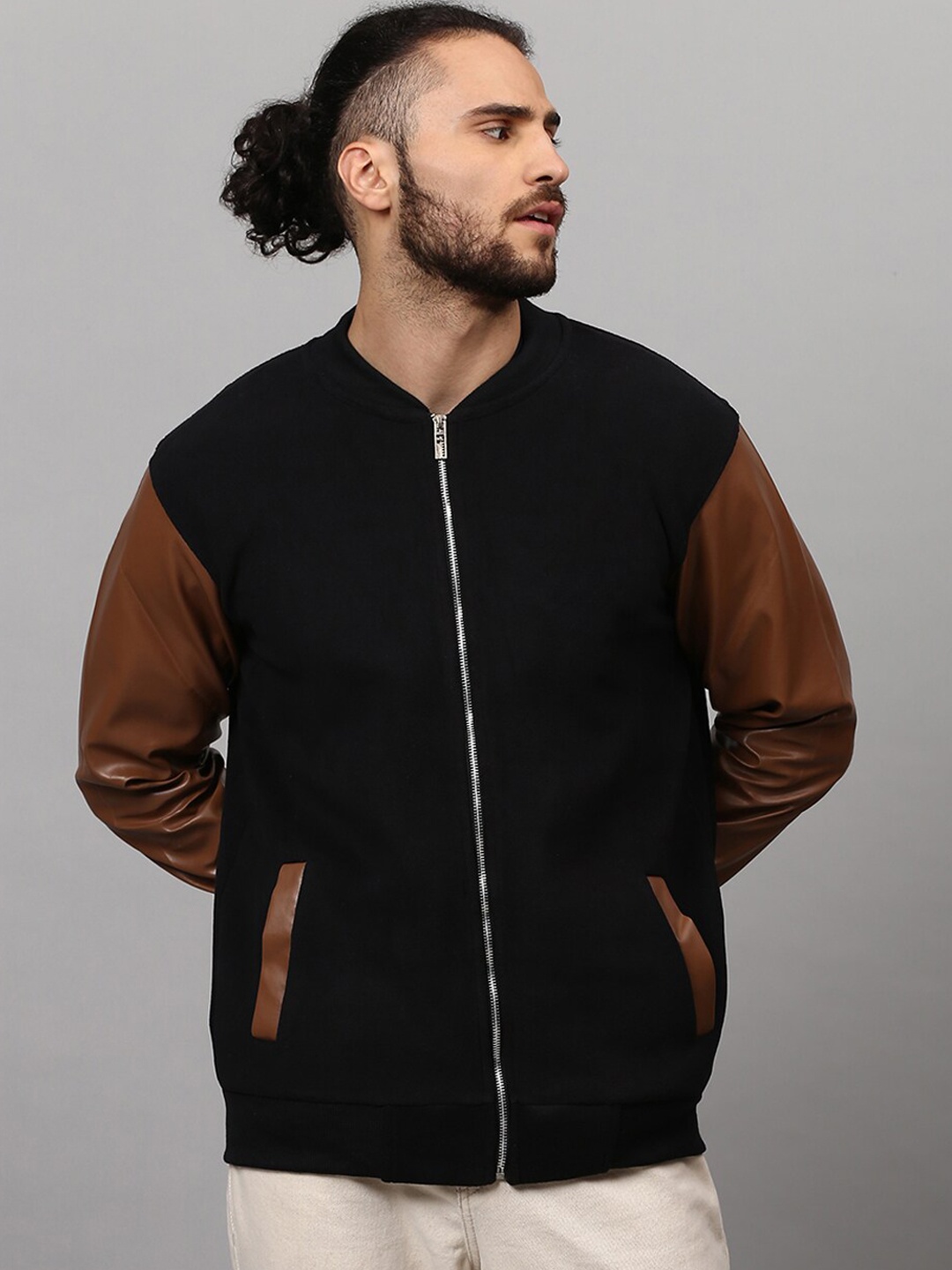 

Campus Sutra Men Black Brown Colourblocked Windcheater Bomber Jacket