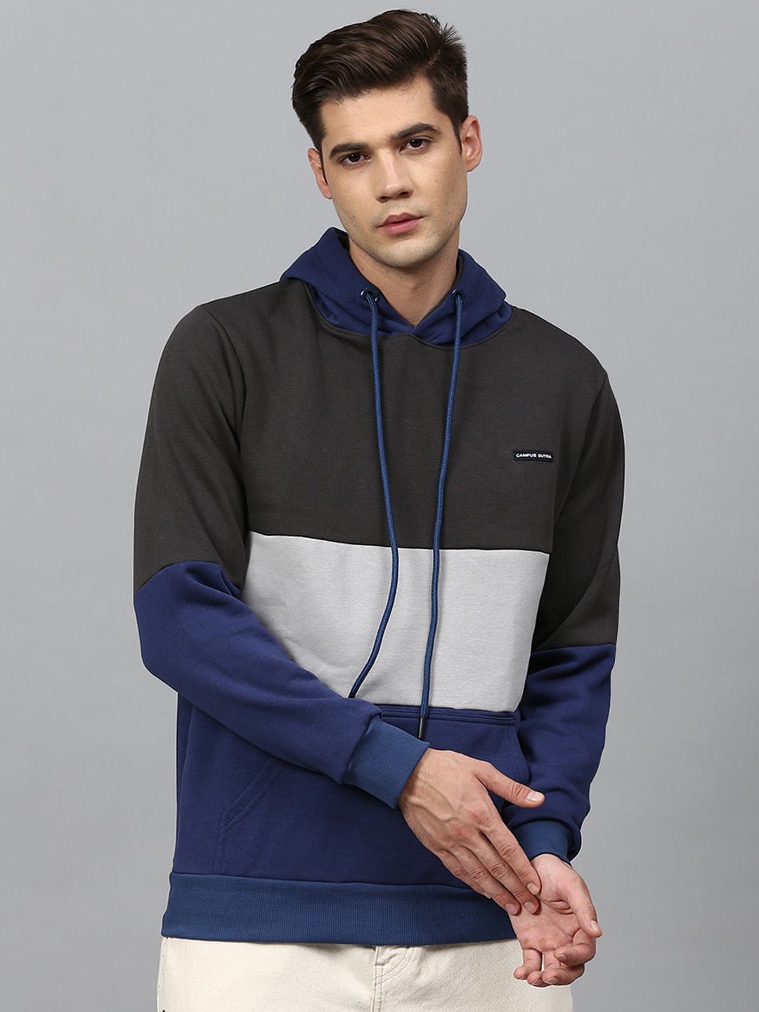 

Campus Sutra Men Grey & Blue Colourblocked Hooded Sweatshirt