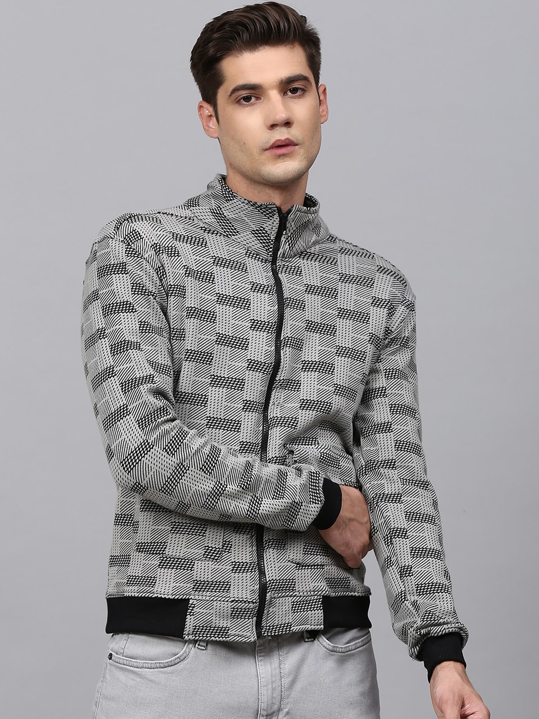 

Campus Sutra Men Grey Geometric Checked Windcheater Bomber Jacket