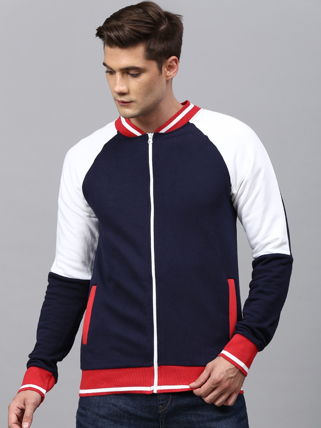 

Campus Sutra Men Navy Blue Colourblocked Windcheater Cotton Sporty Jacket