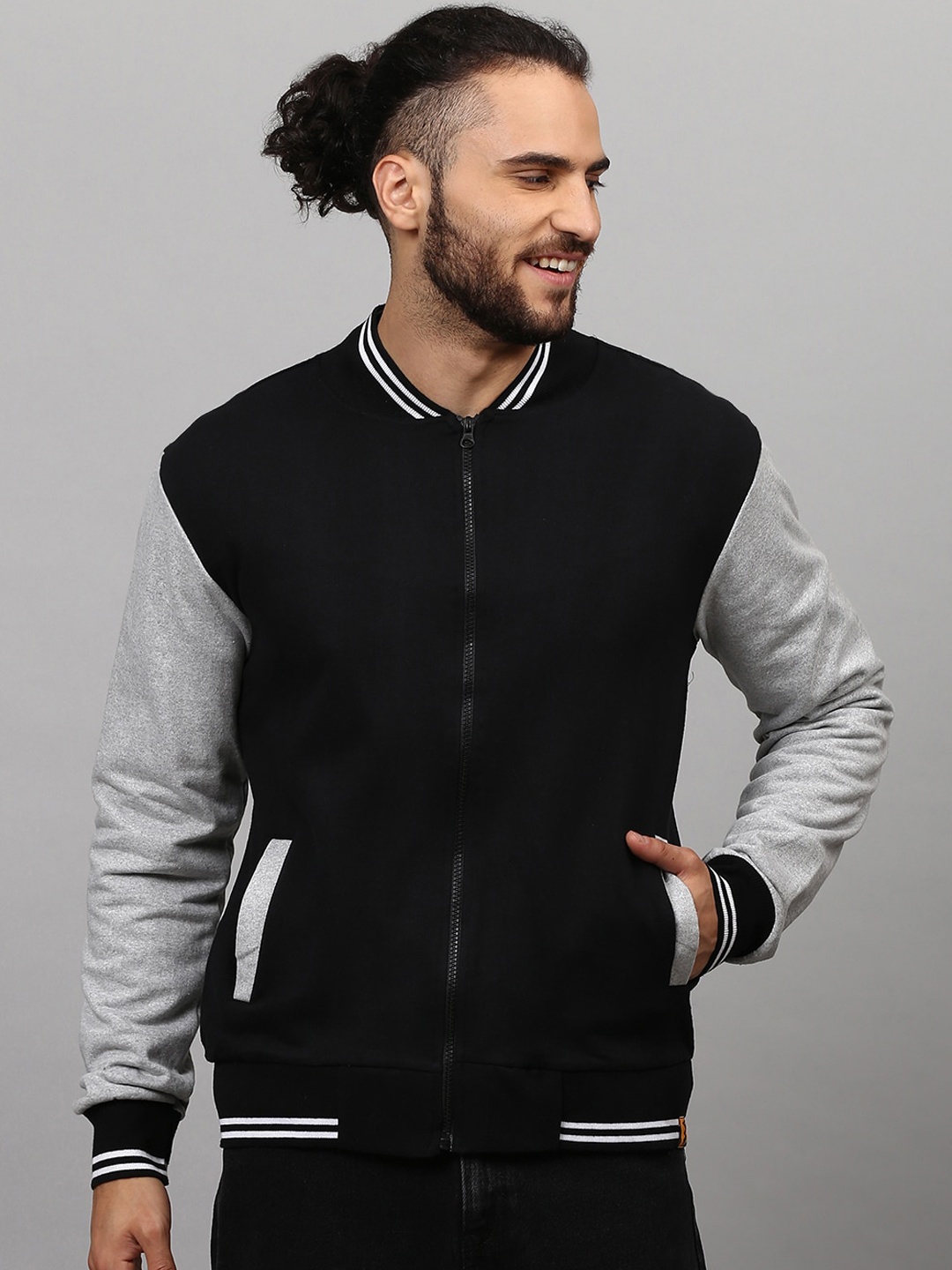 

Campus Sutra Men Black Colourblocked Windcheater Outdoor Varsity Jacket