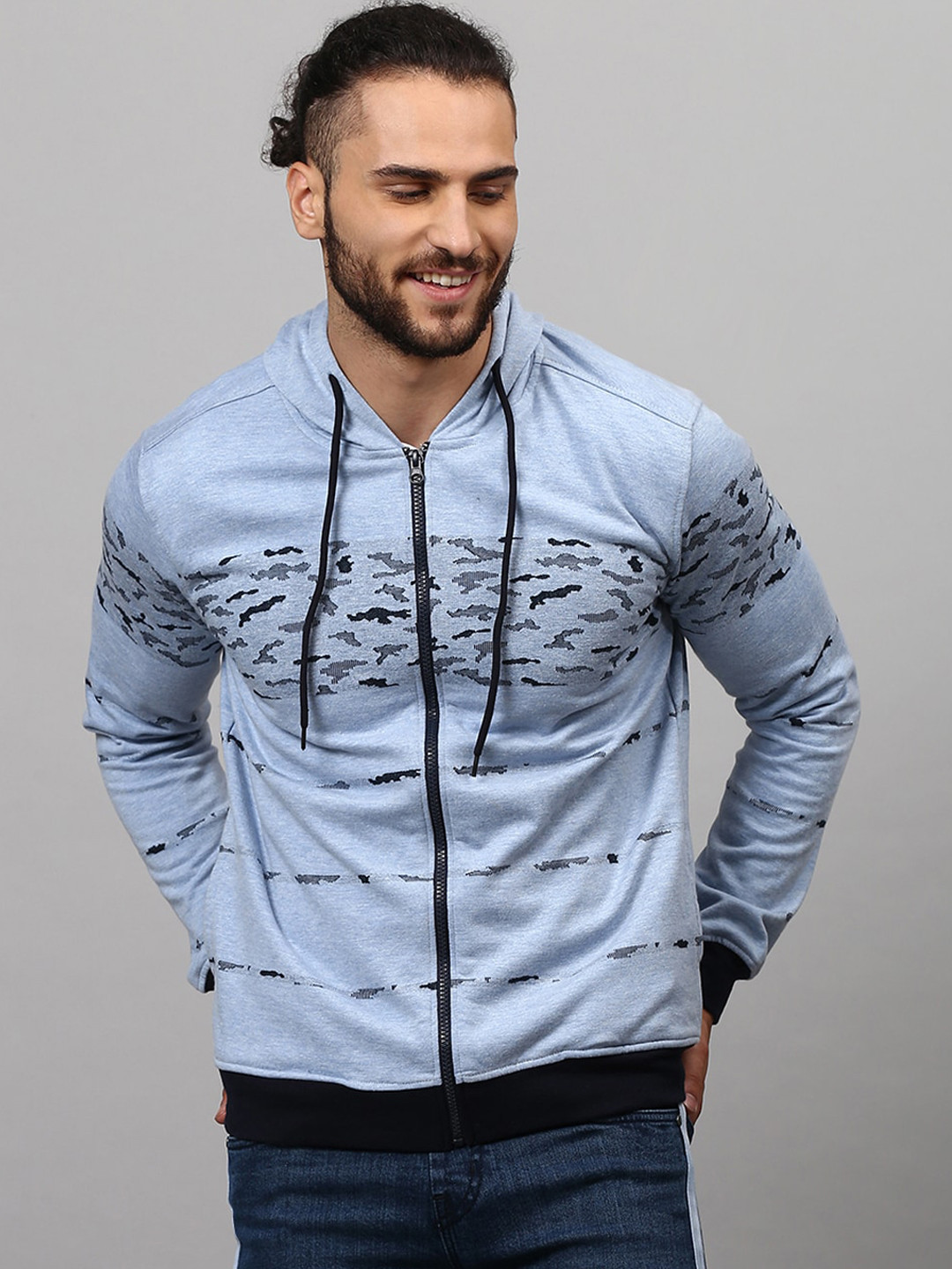 

Campus Sutra Men Blue Printed Hooded Sweatshirt