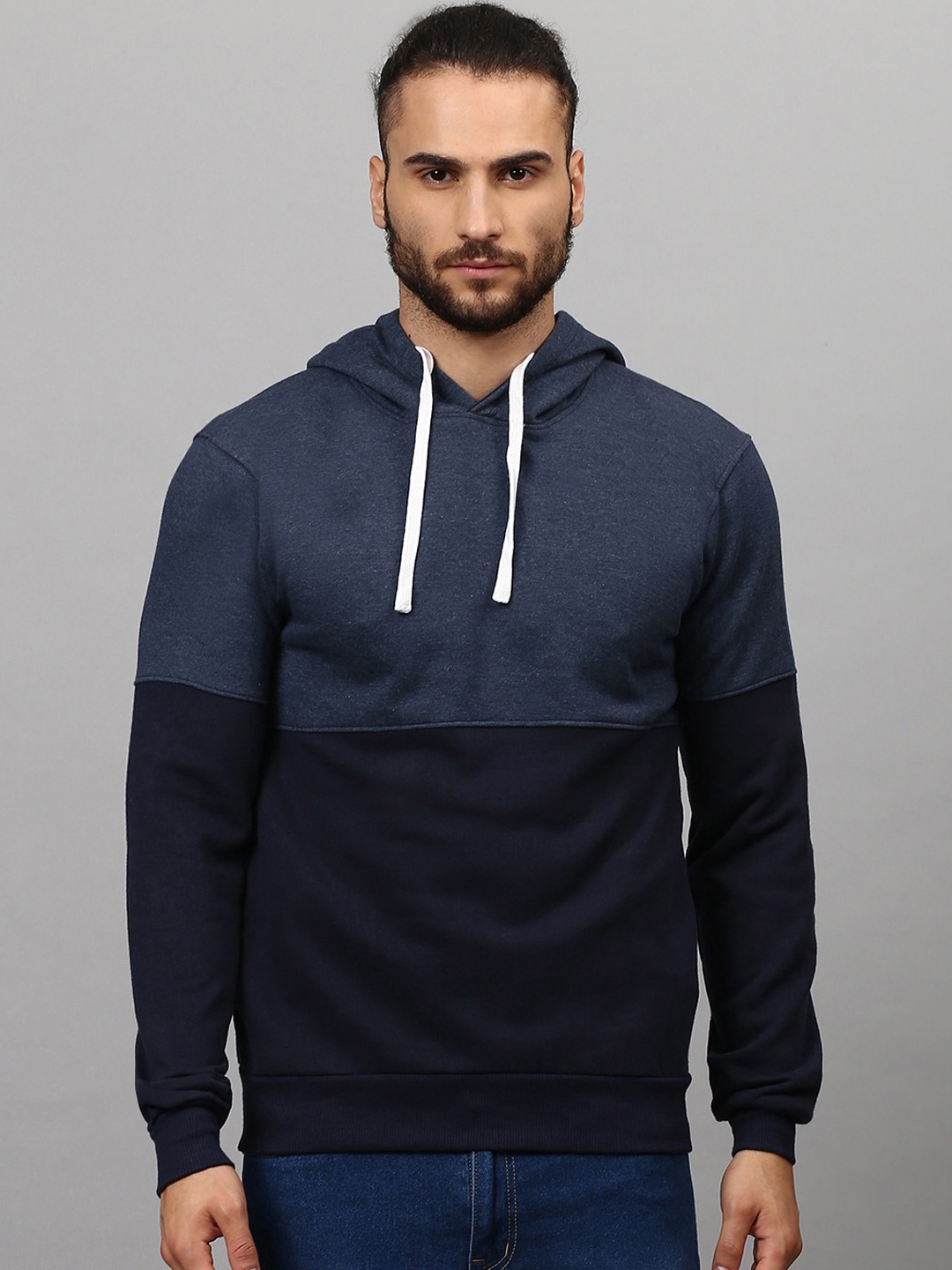 

Campus Sutra Men Blue Colourblocked Hooded Cotton Sweatshirt