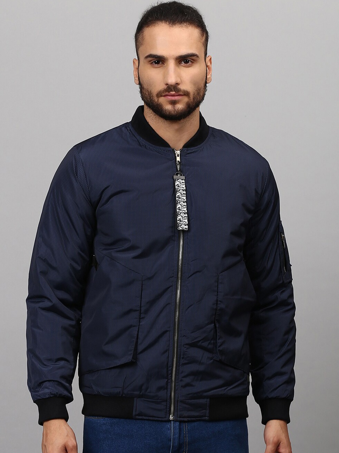 

Campus Sutra Men Navy Blue Windcheater Outdoor Bomber Jacket