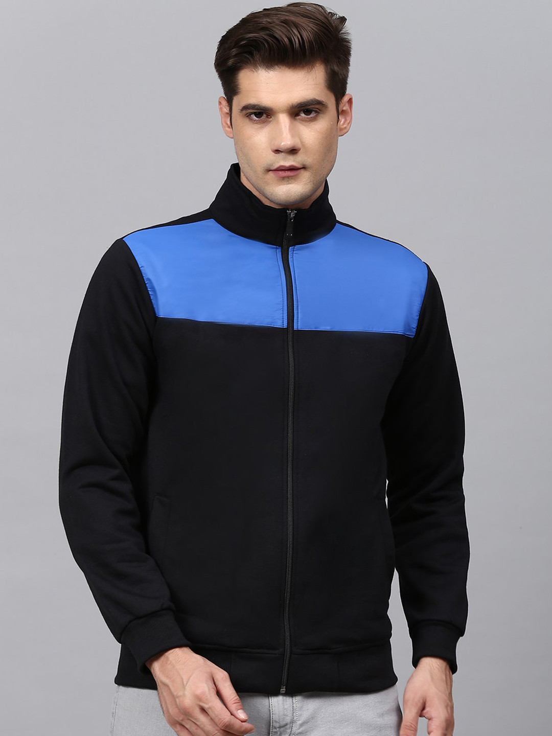

Campus Sutra Men Black Blue Colourblocked Windcheater Sporty Jacket
