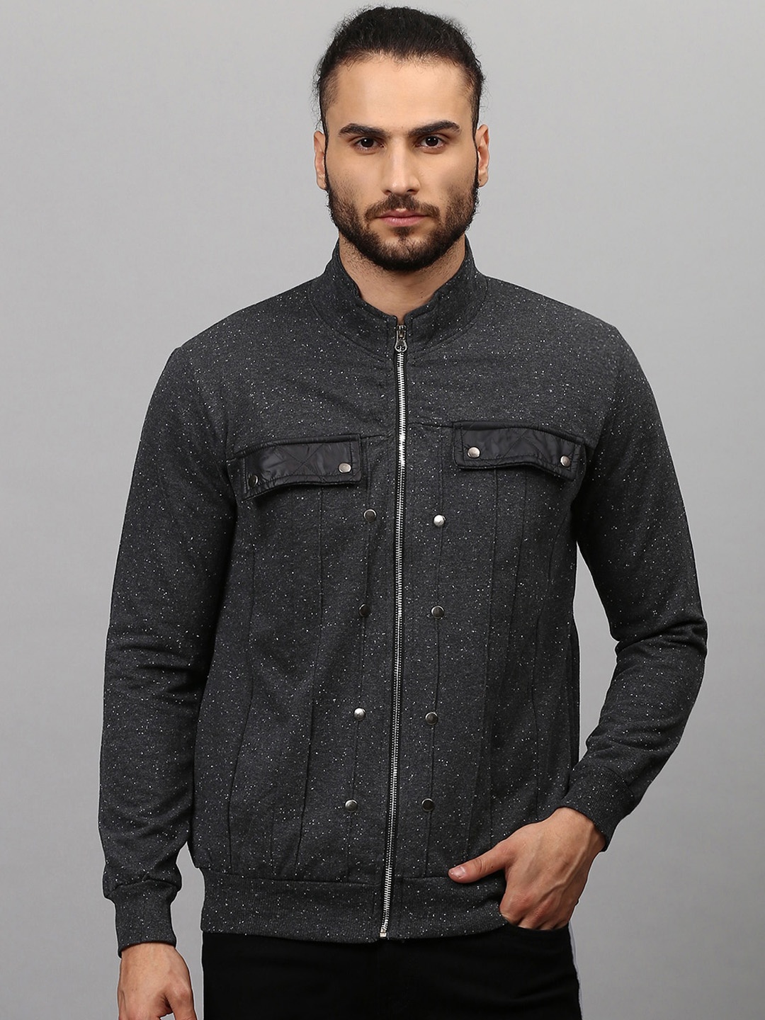 

Campus Sutra Men Charcoal Geometric Windcheater Outdoor Bomber with Patchwork Jacket