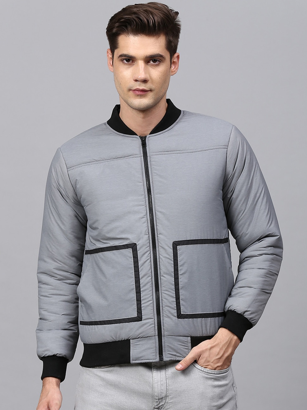 

Campus Sutra Men Grey Solid Windcheater Bomber Jacket