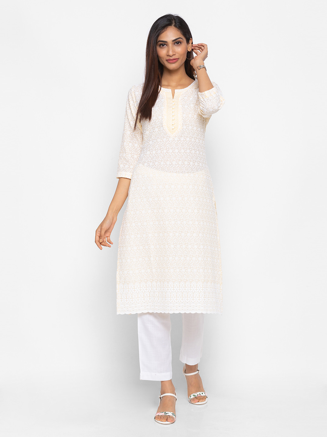 

ZOLA Women Yellow Floral Embroidered Chikankari Pastels Kurta