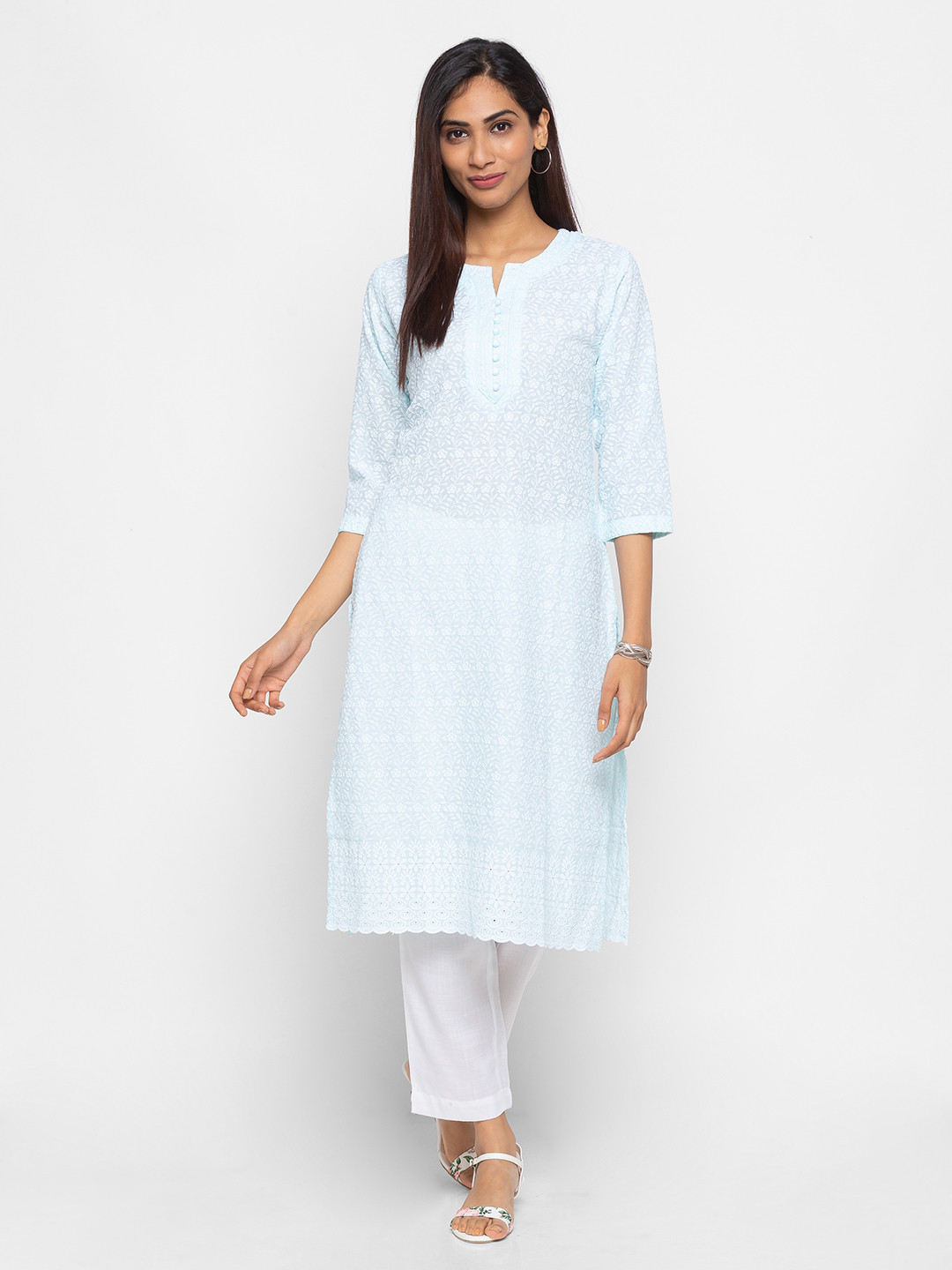 

ZOLA Women Blue Embroidered Luncknowi Chikankari Kurta