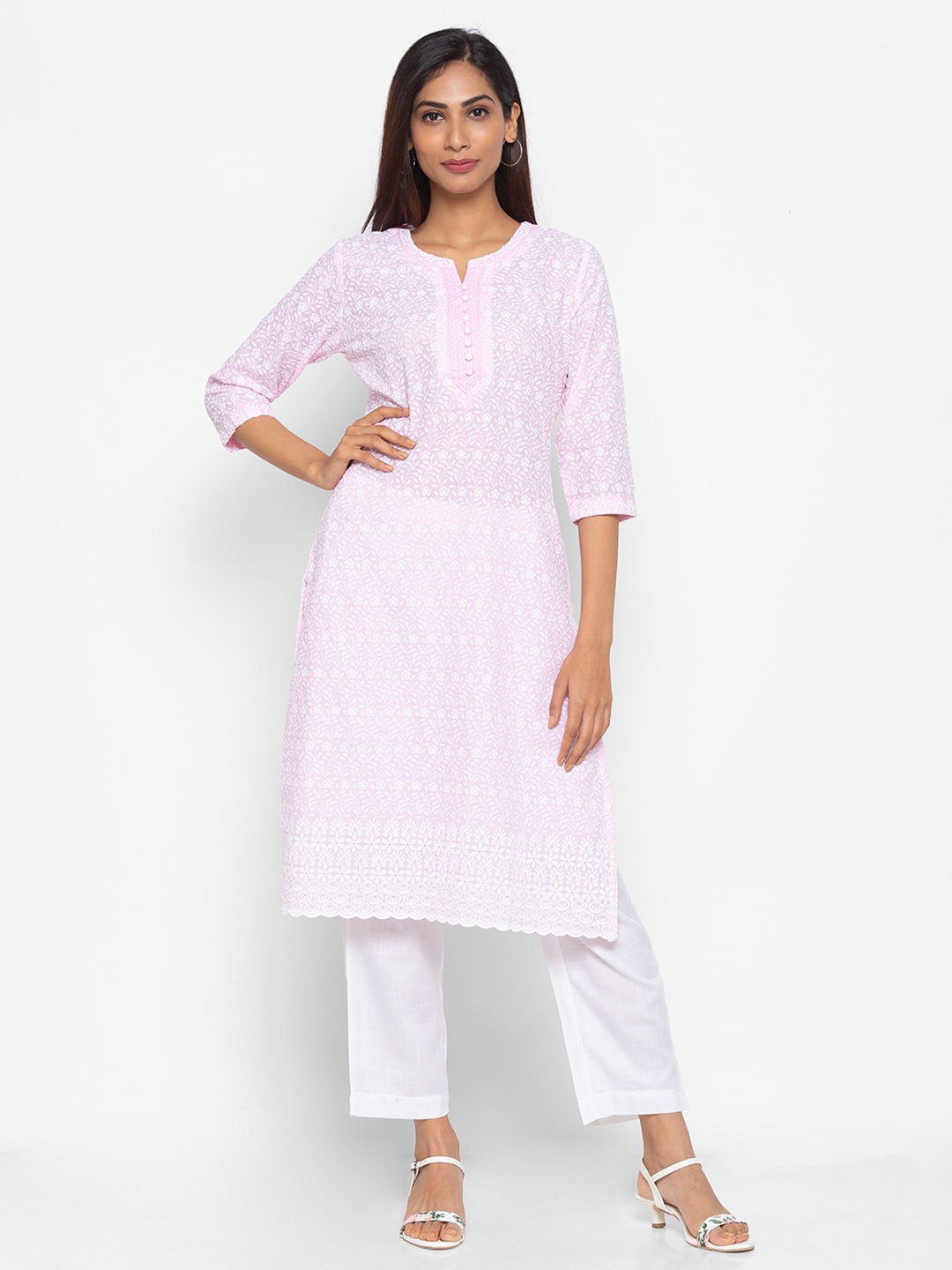 

ZOLA Women Peach-Coloured Floral Embroidered Kurta