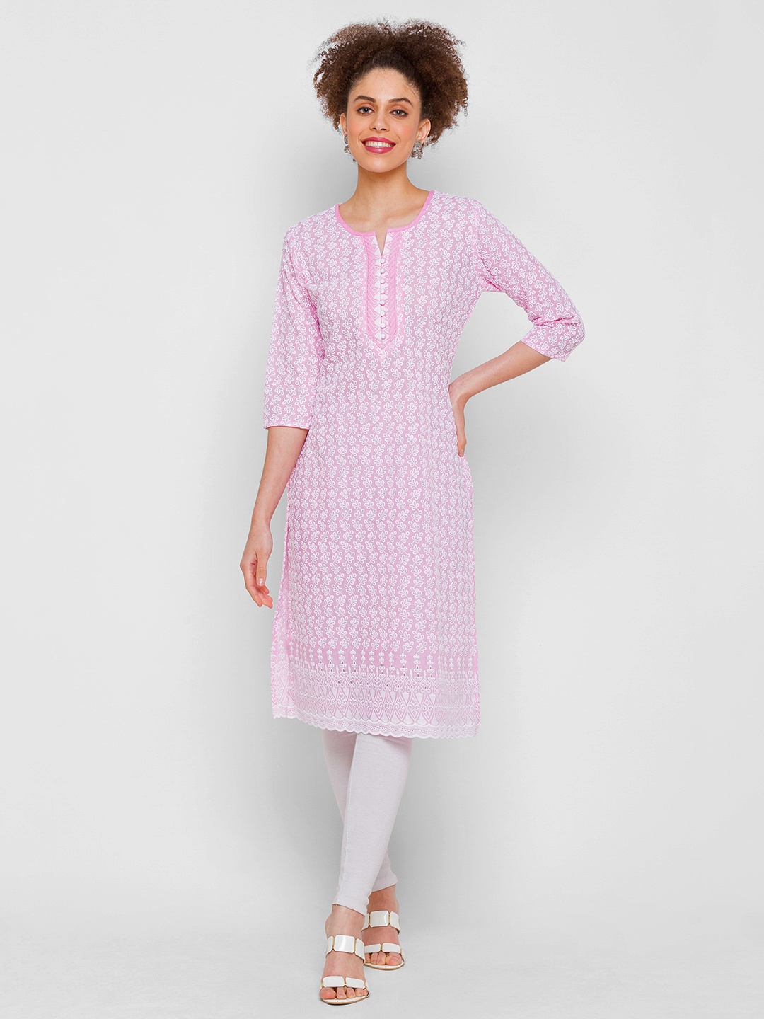 

ZOLA Women Pink Floral Embroidered Chikankari Pastels Kurta