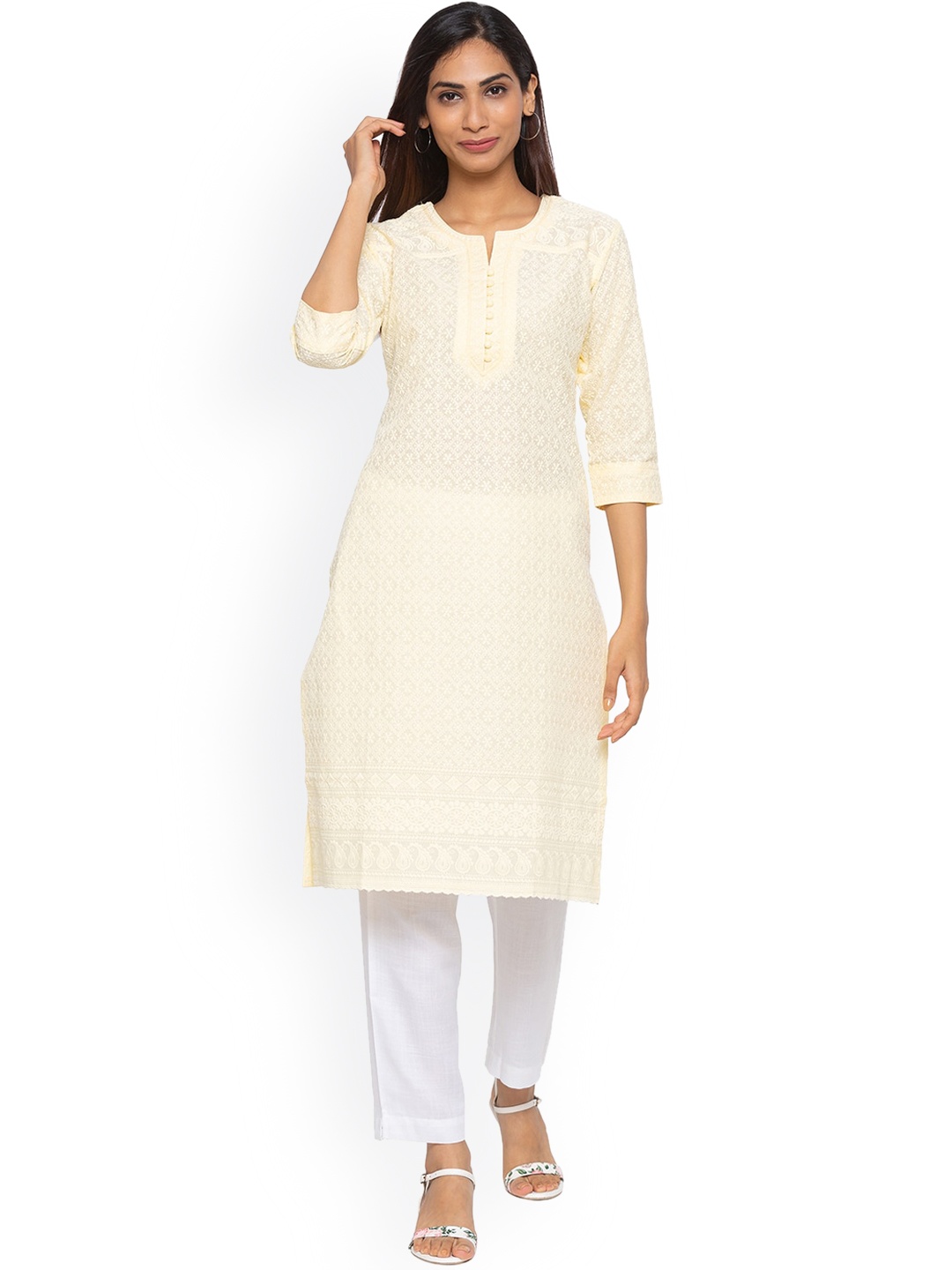 

ZOLA Women Yellow Ethnic Motifs Embroidered Chikankari Kurta