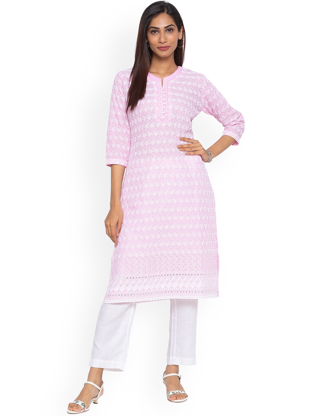 

ZOLA Women Pink & White Floral Embroidered Luncknowi Chikankari Kurta