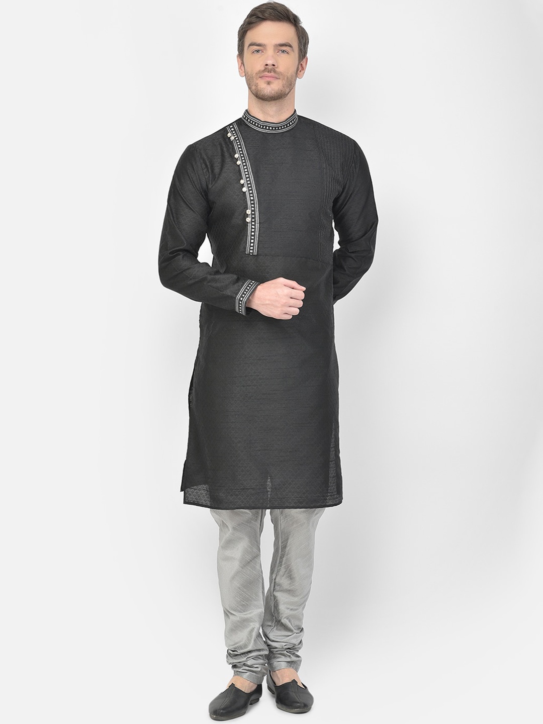 

SG LEMAN Men Black Angrakha Raw Silk Kurta with Churidar