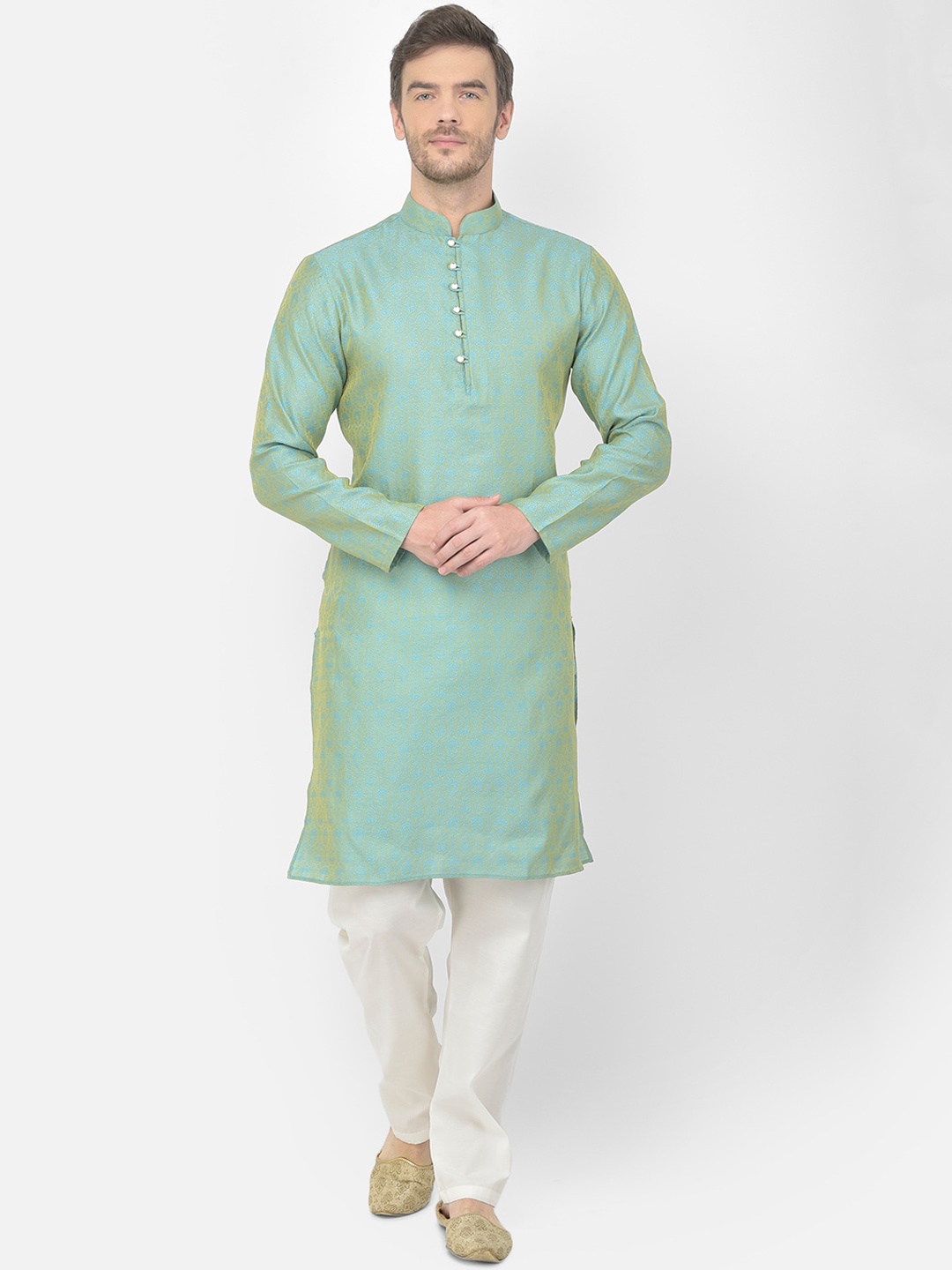 

SG LEMAN Men Turquoise Blue Regular Raw Silk Kurta with Pyjamas