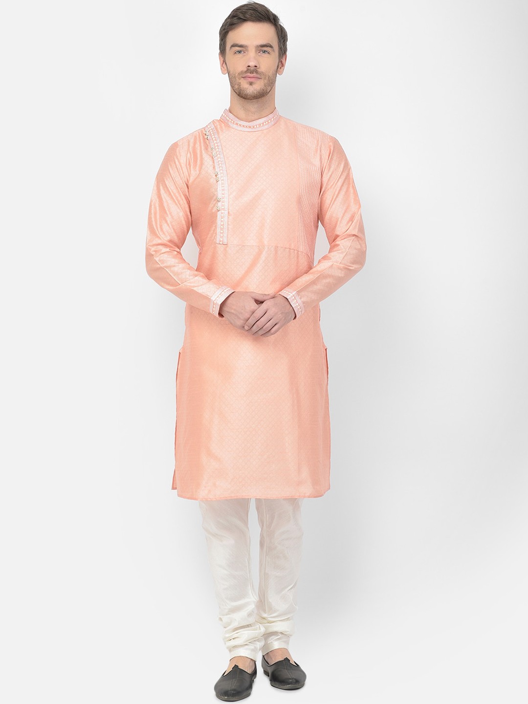 

SG LEMAN Men Peach-Coloured Regular Raw Silk Kurta with Churidar