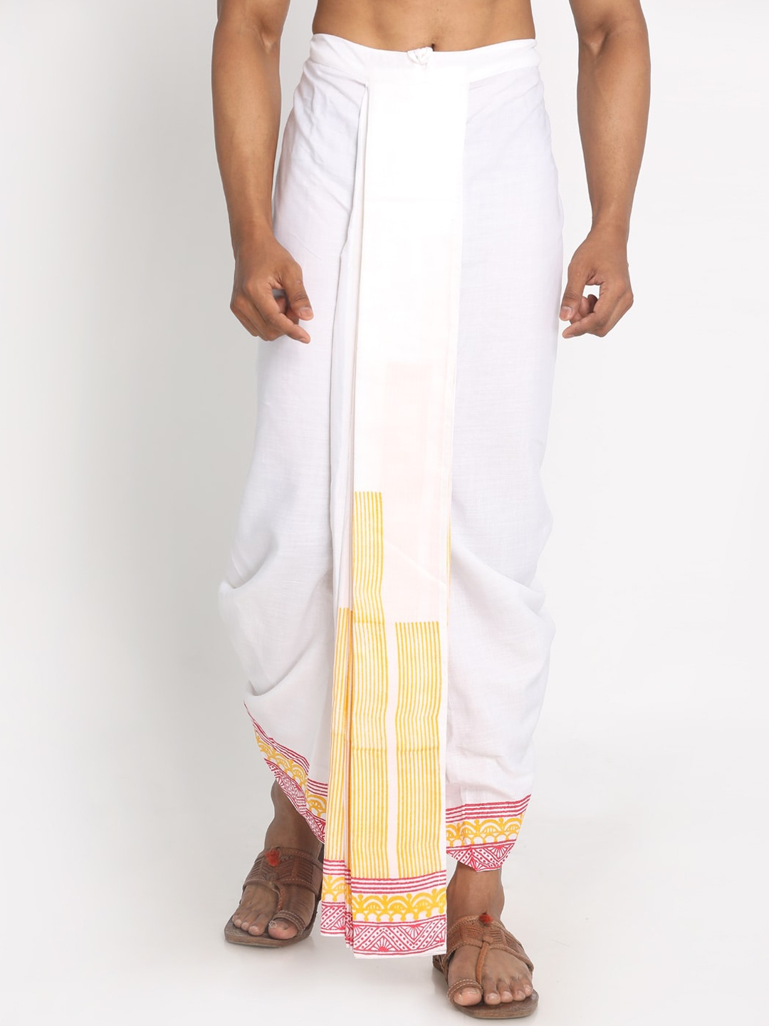 

Nakshi Men White & Yellow Hand Block Printed Pure Cotton Dhoti