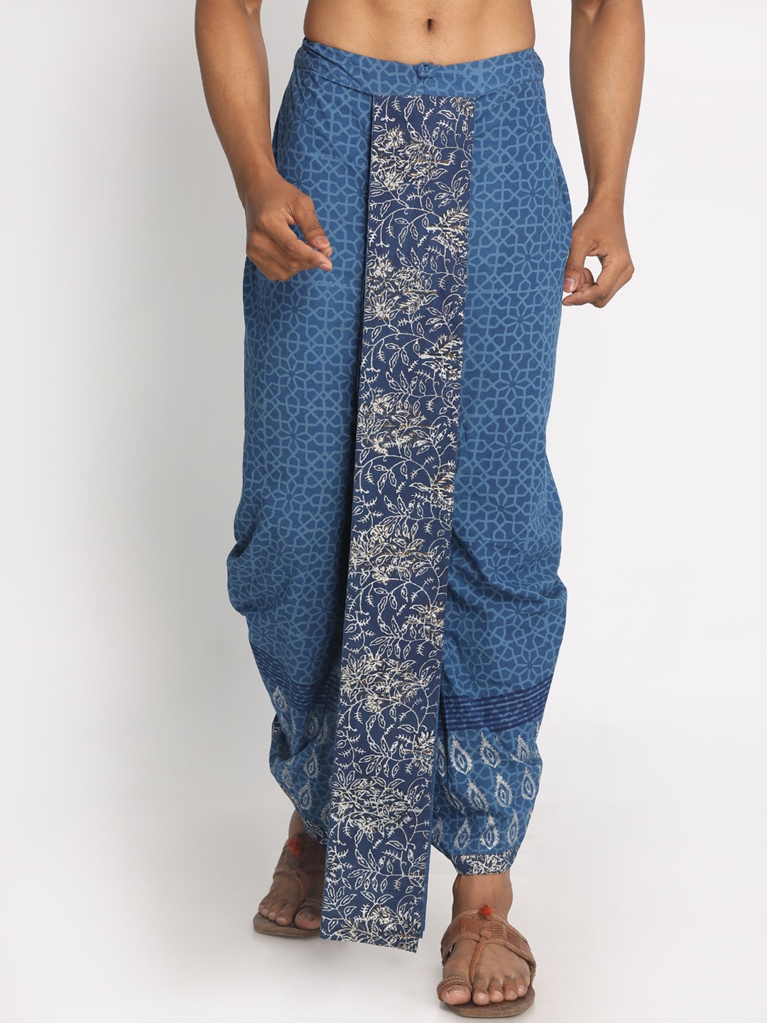 

Nakshi Men Blue & Grey Hand Block Printed Pure Cotton Dhoti