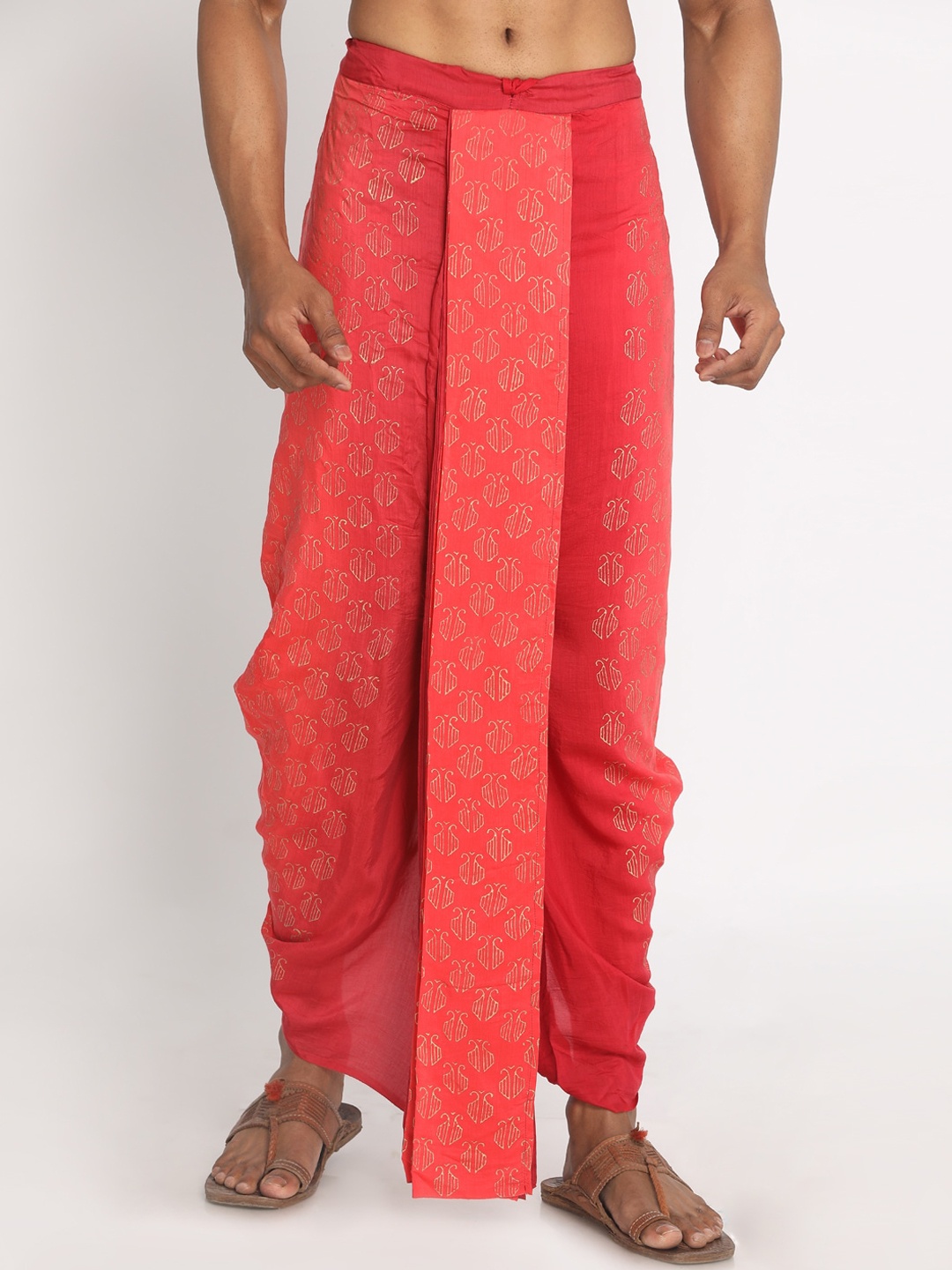 

Nakshi Men Red & Gold-Toned Hand Block Printed Dhoti