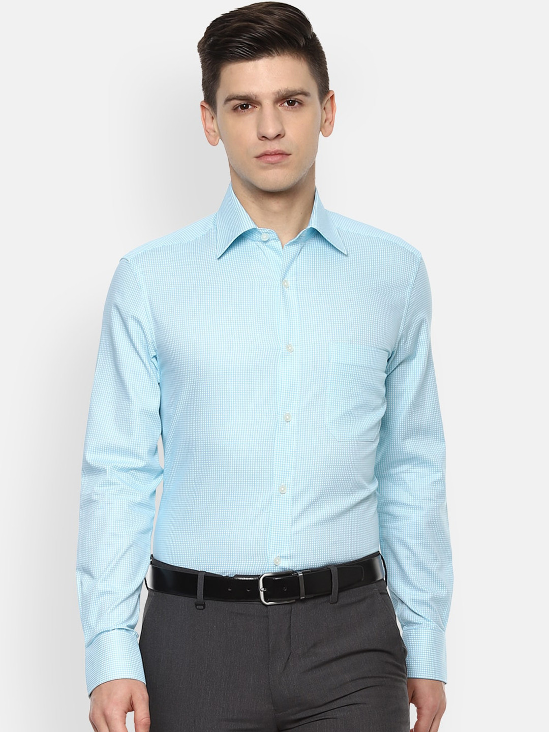 

Louis Philippe Men Turquoise Blue Micro Checks Cotton Formal Shirt