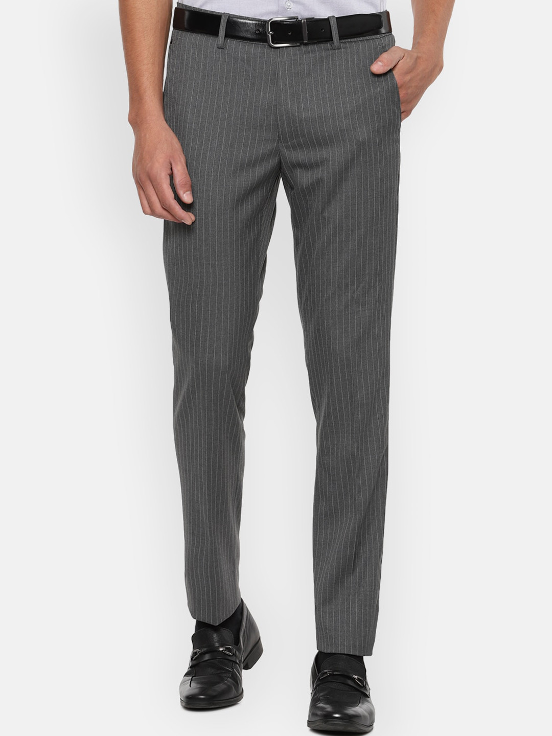 

Louis Philippe Men Grey Striped Slim Fit Formal Trousers