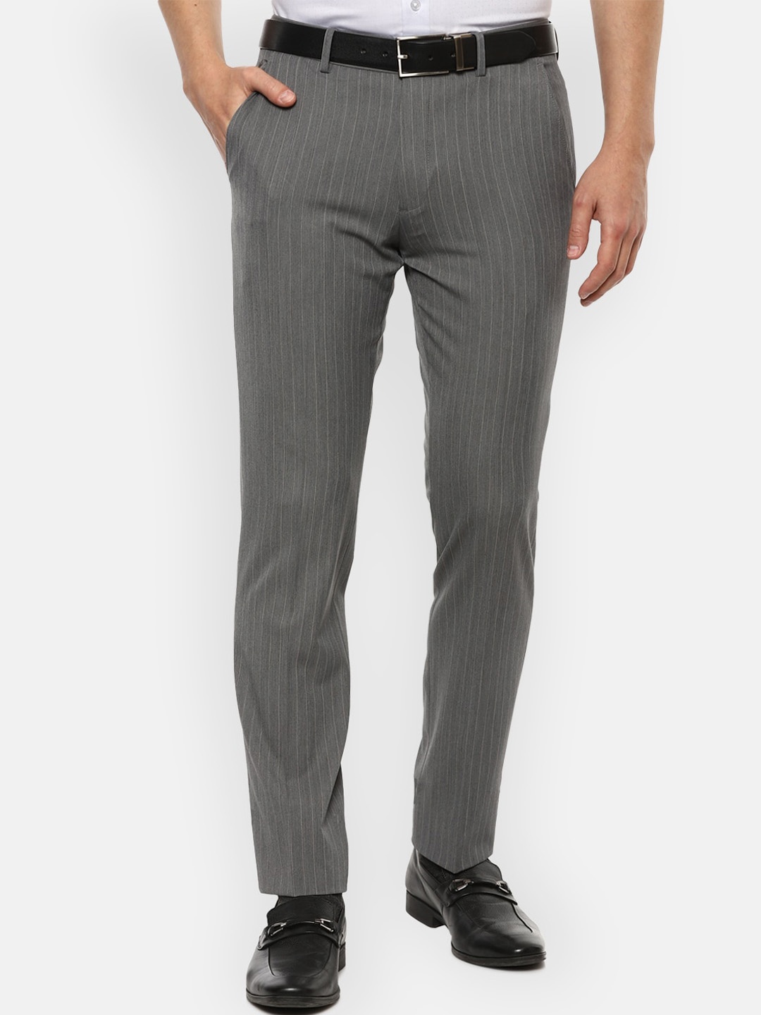 

Louis Philippe Permapress Men Grey Striped Slim Fit Formal Trousers