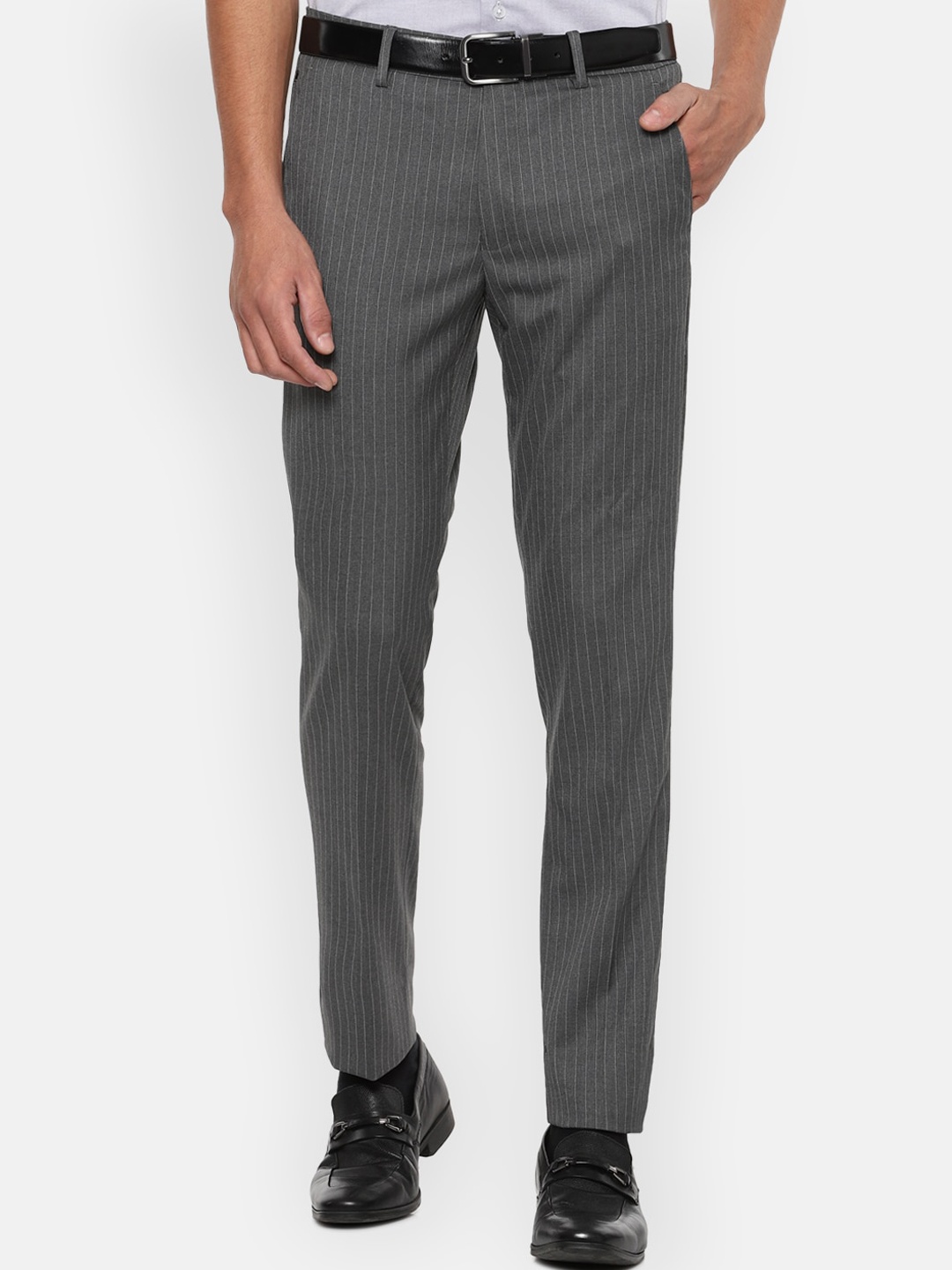 

Louis Philippe Men Grey Striped Slim Fit Formal Trousers