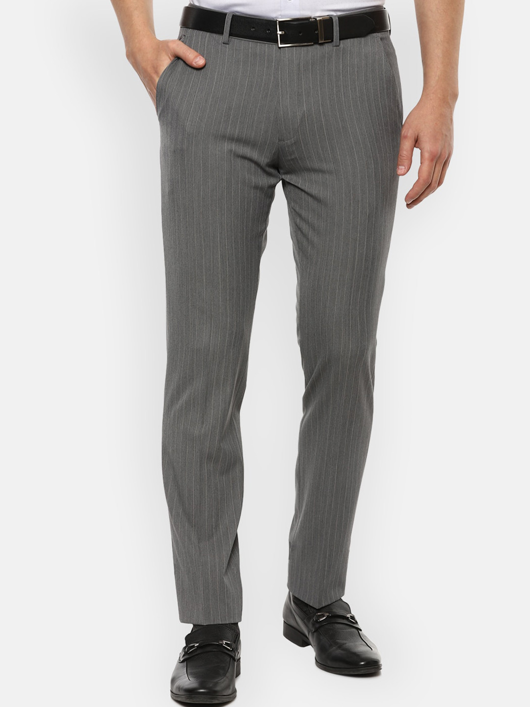 

Louis Philippe Permapress Men Grey & Yellow Striped Slim Fit Formal Trousers