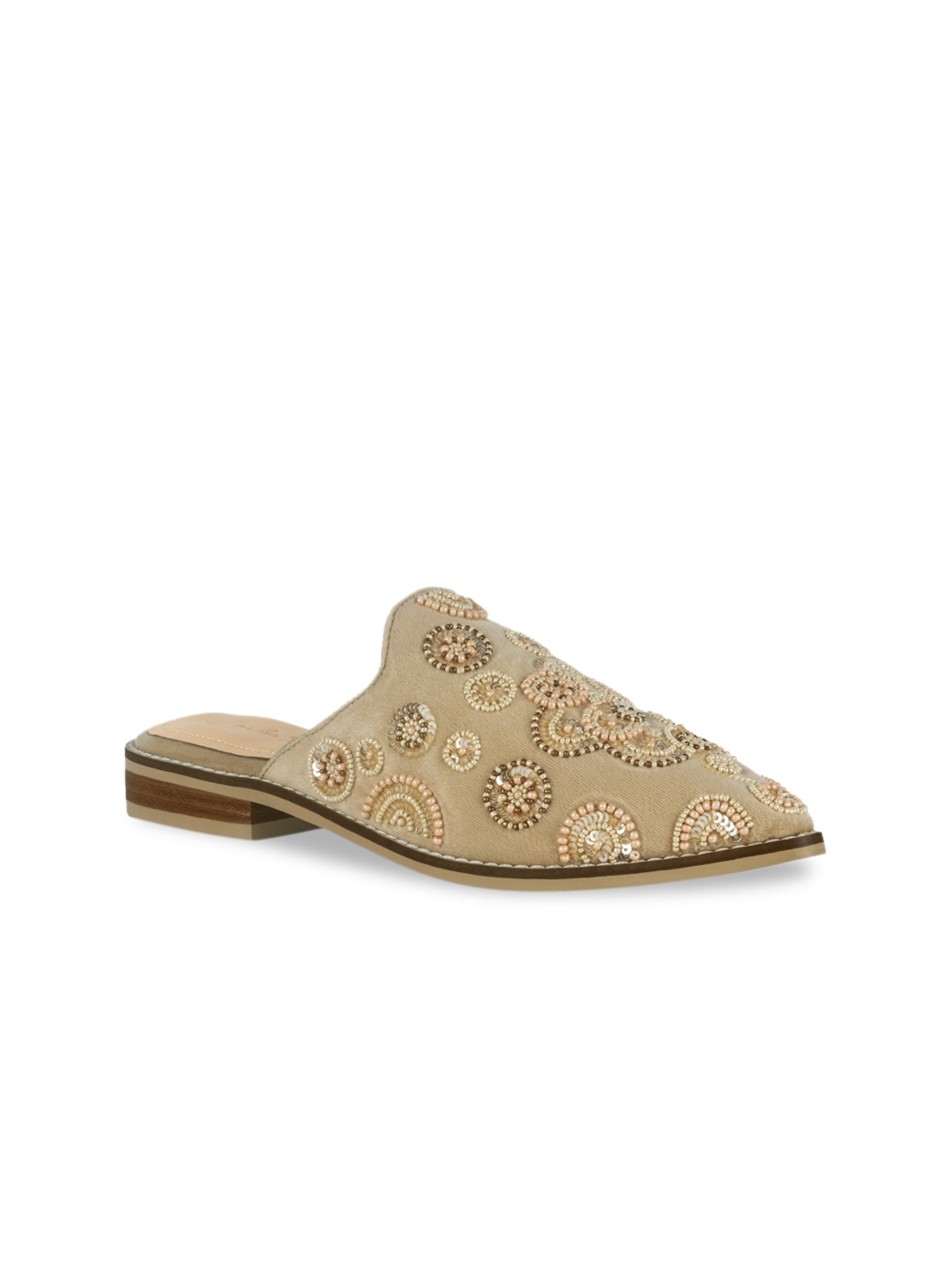 

London Rag Women Beige Embellished Leather Party Mules with Laser Cuts Flats