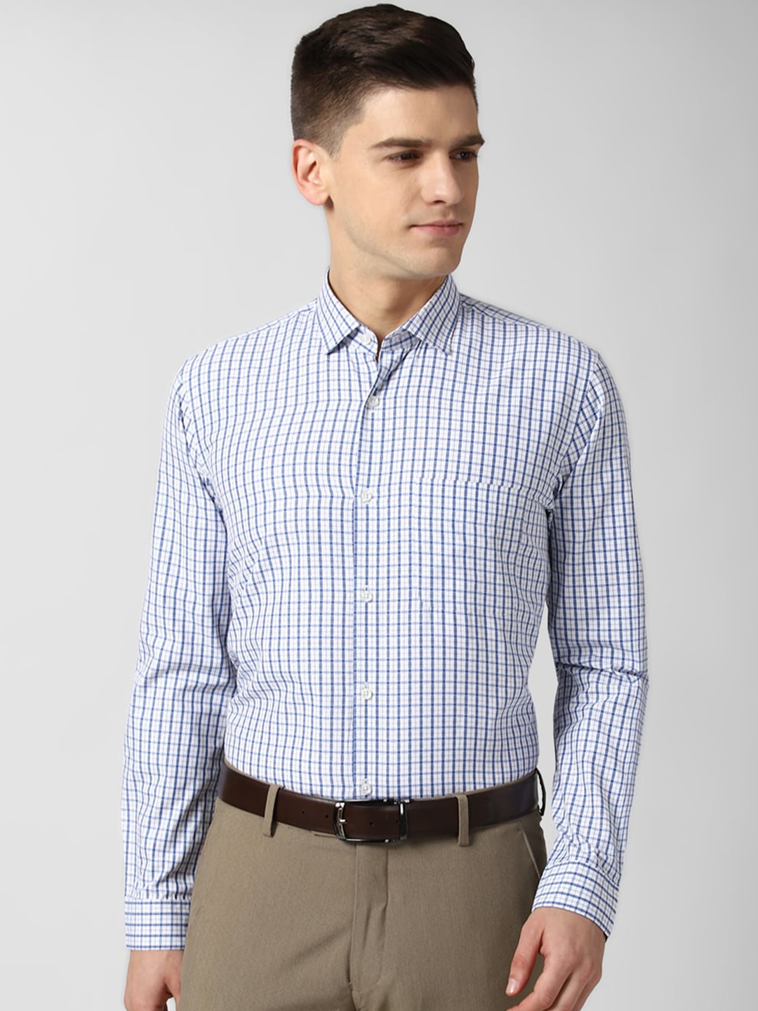 

Peter England Men Blue Gingham Checks Opaque Checked Formal Shirt