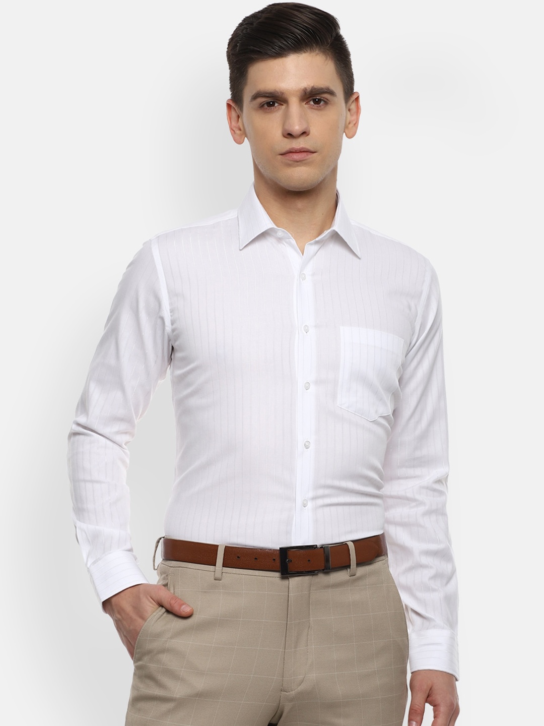 

Van Heusen Men White Slim Fit Opaque Striped Formal Shirt