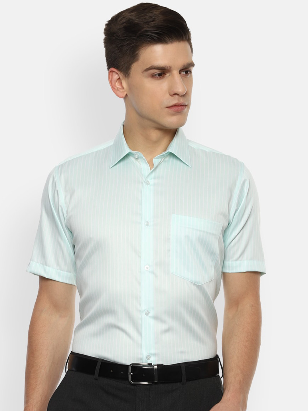 

Van Heusen Men Blue Opaque Striped Cotton Formal Shirt, Turquoise blue
