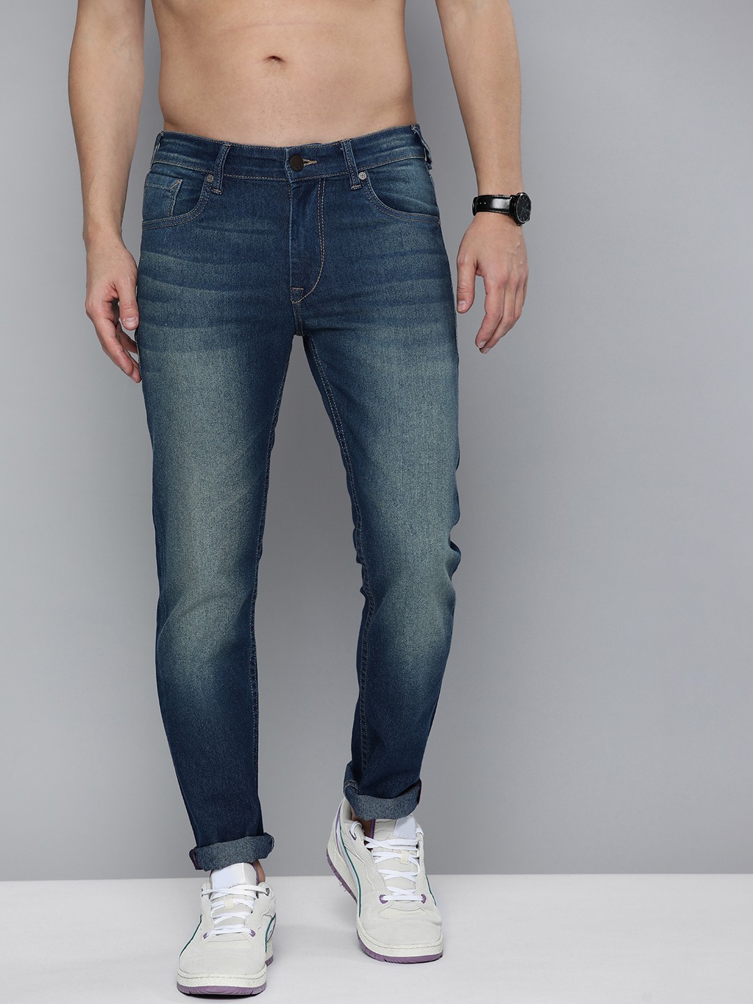 

HERE&NOW Men Blue Slim Fit Low-Rise Heavy Fade Stretchable Jeans