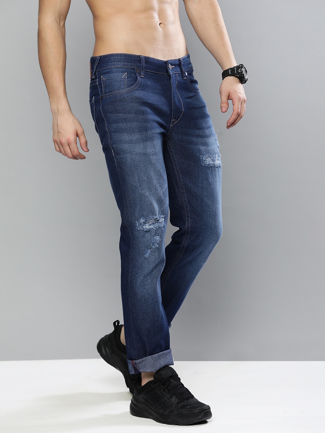 

HERE&NOW Men Blue Slim Fit Low Distress Light Fade Mid-Rise Stretchable Jeans