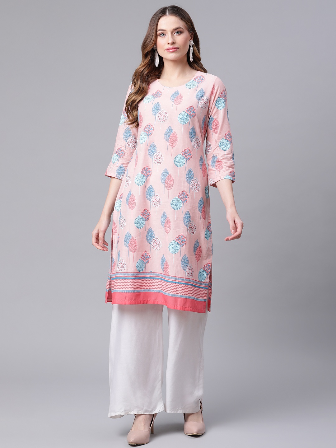 

Rangriti Women Peach-Coloured Floral Print Pure Cotton Kurta