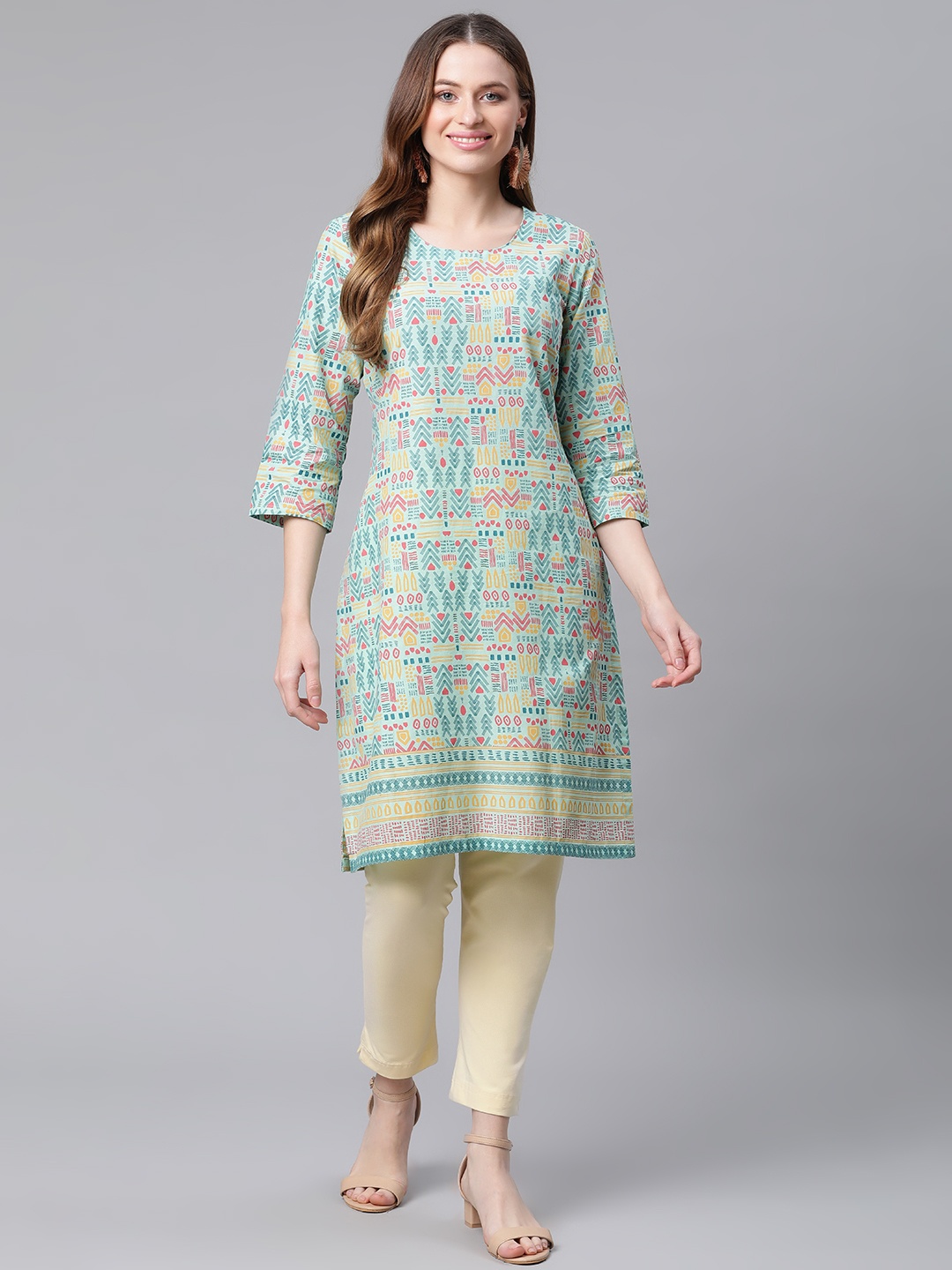 

Rangriti Women Green Tribal Printed Cotton Kurta