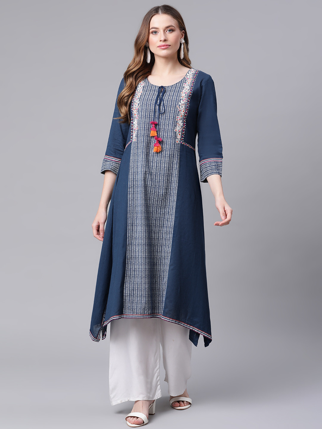 

Rangriti Women Navy Blue Woven Design Cotton Kurta