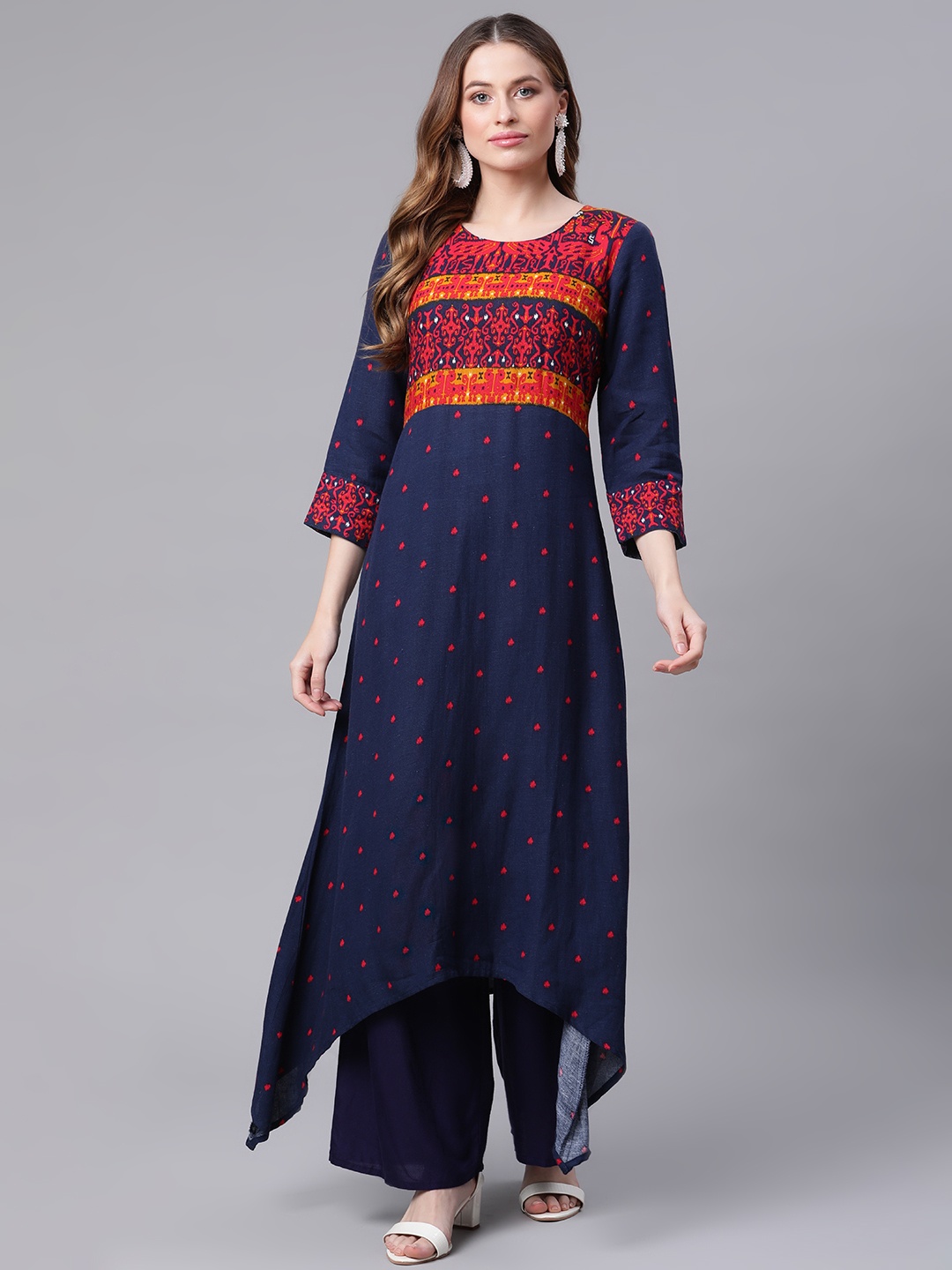 

Rangriti Women Navy Blue Printed Flared Sleeves Asymmetric Kurta