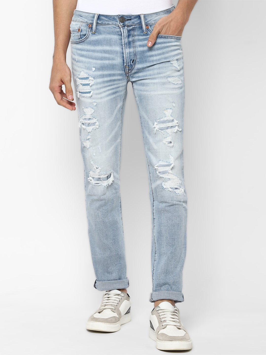 

AMERICAN EAGLE OUTFITTERS Men Blue Slim Fit Highly Distressed Heavy Fade Jeans
