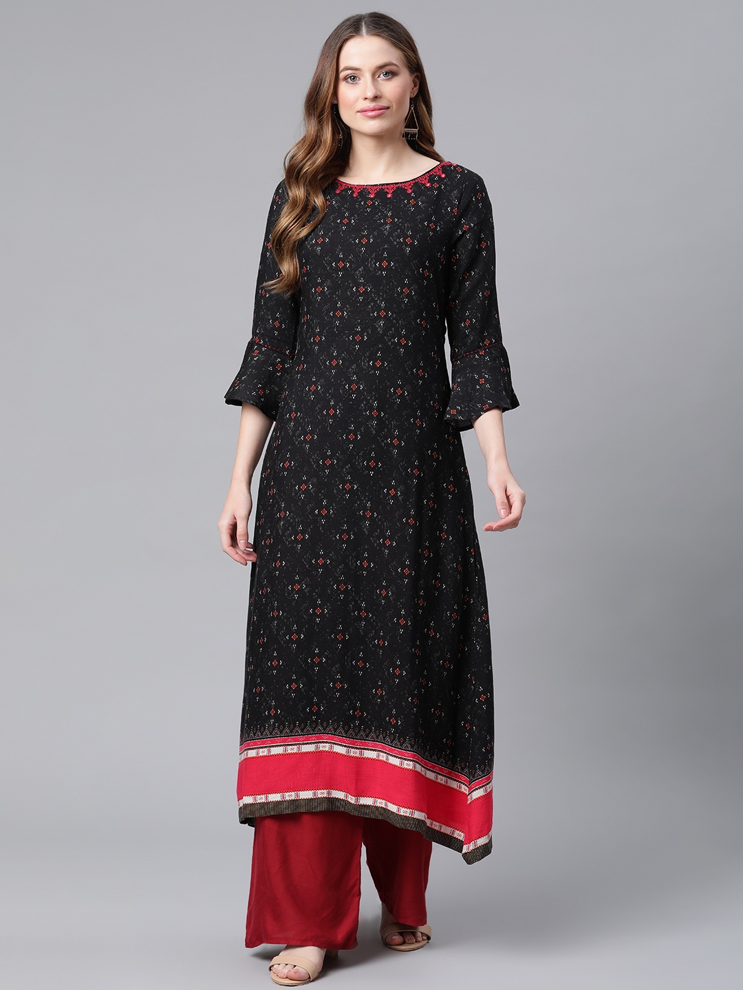 

Rangriti Women Black Printed Bell Sleeves Kurta