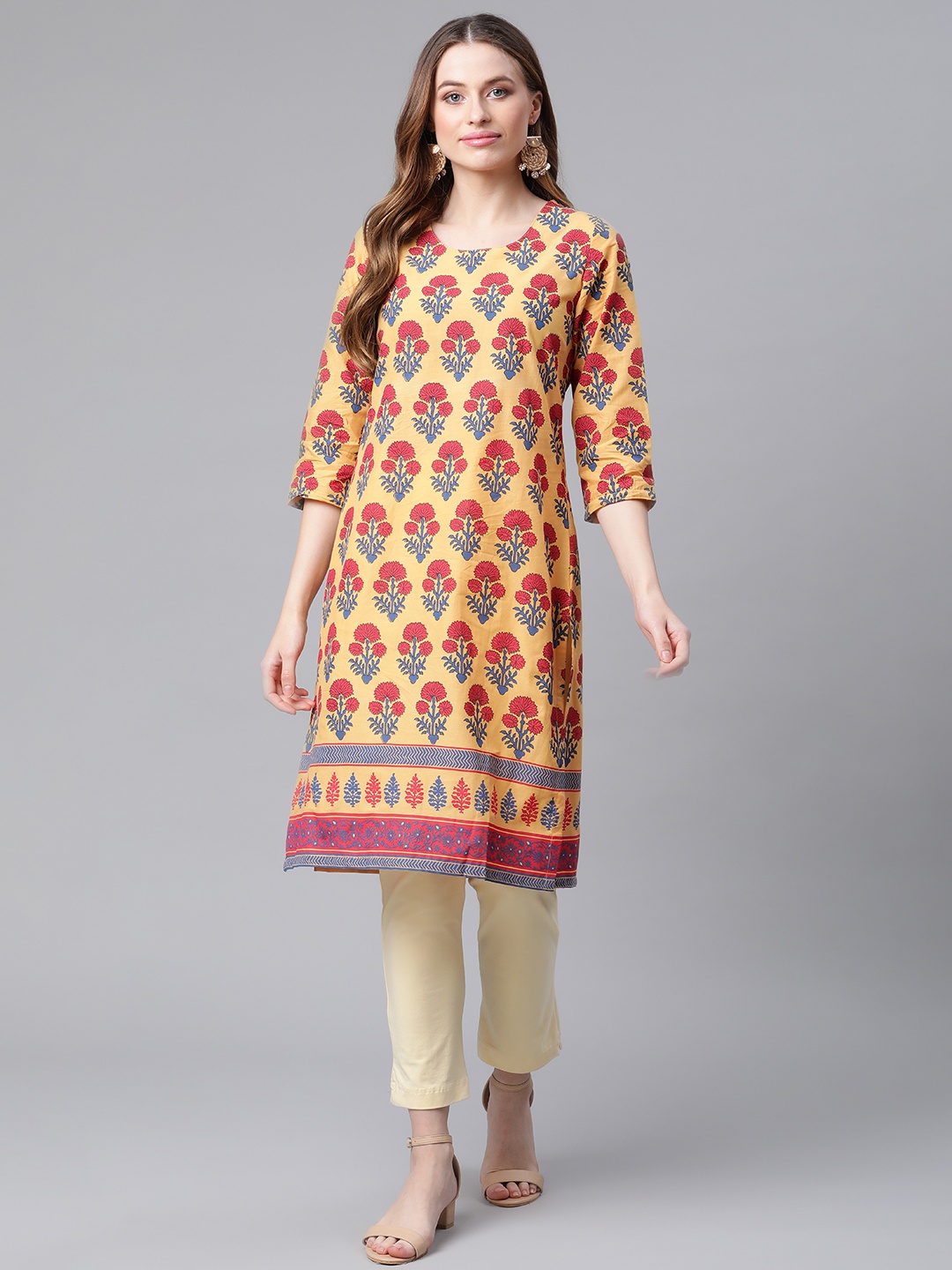 

Rangriti Women Mustard Yellow Floral Printed Pure Cotton Kurta