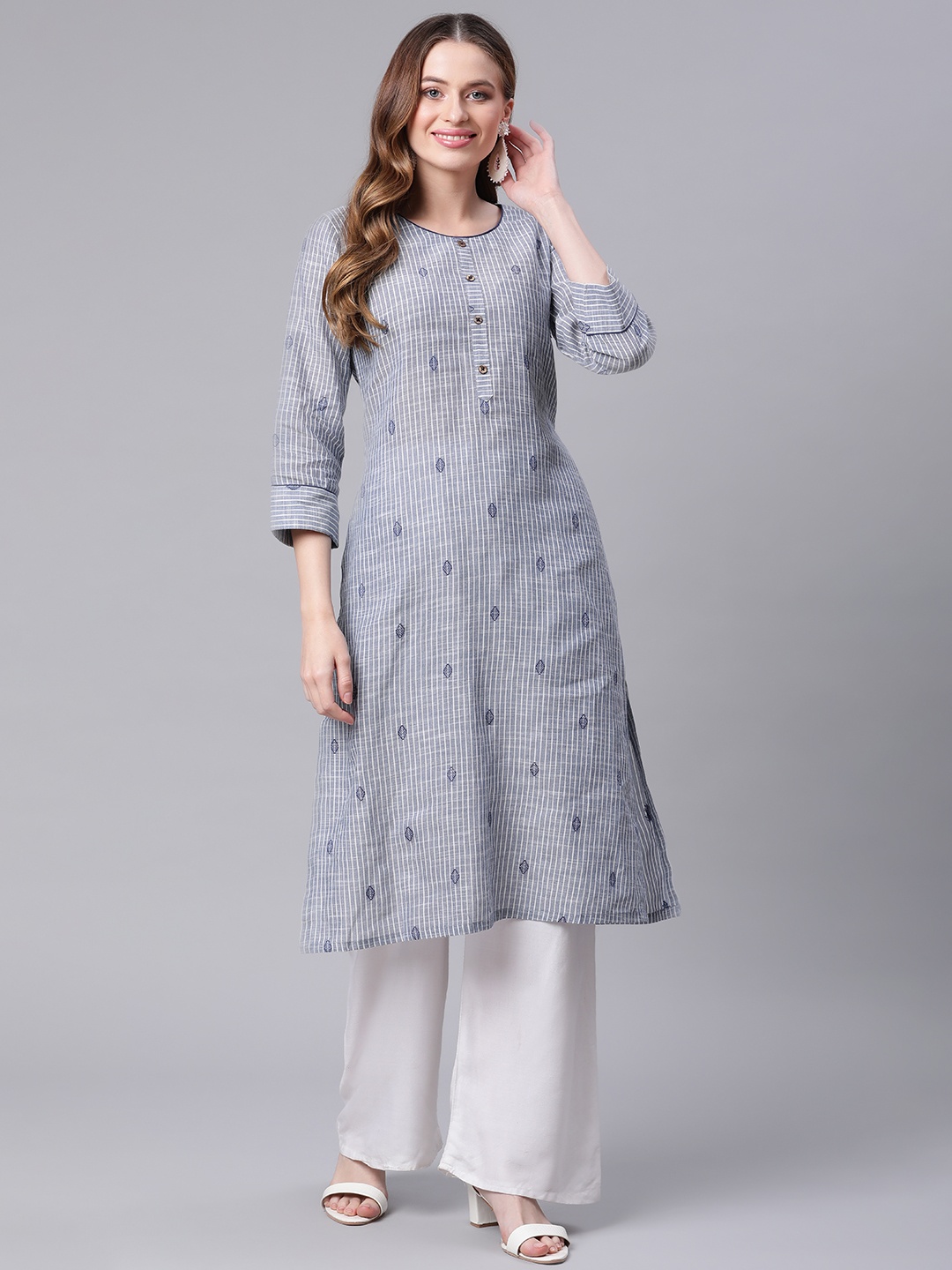 

Rangriti Women Blue Striped Cotton Kurta
