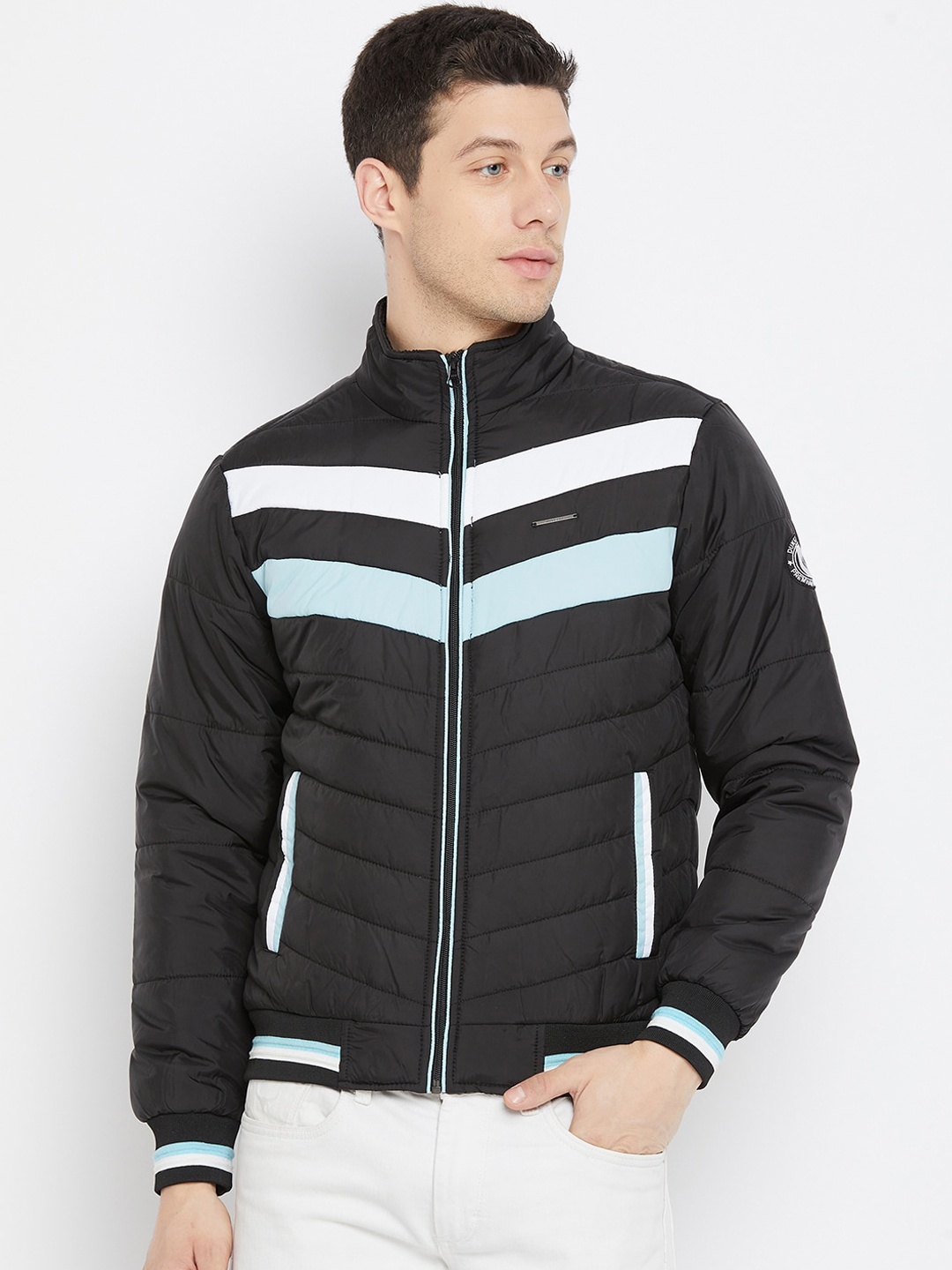 

Duke Men Black Striped Bomber Jacket