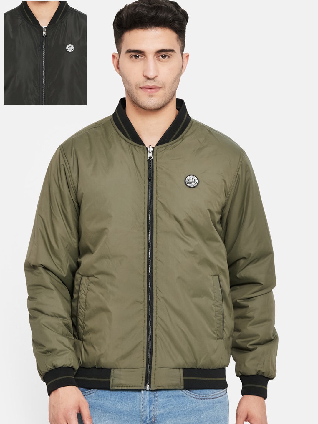 

Duke Men Black Olive Green Reversible Bomber Jacket