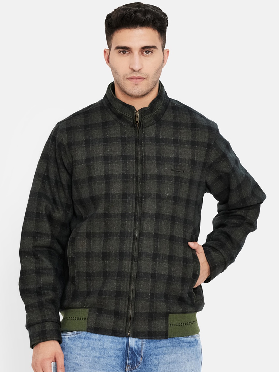 

Duke Men Green Checked Crop Bomber Jacket
